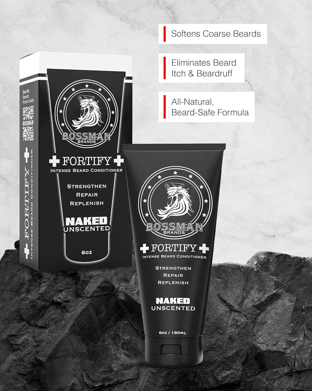 Bossman Fortify Intense Beard Conditioner for Men (Naked - Unscented) – Moisturizes, Replenishes & Protects with Natural Ingredients – Thicker Formula, Made in USA