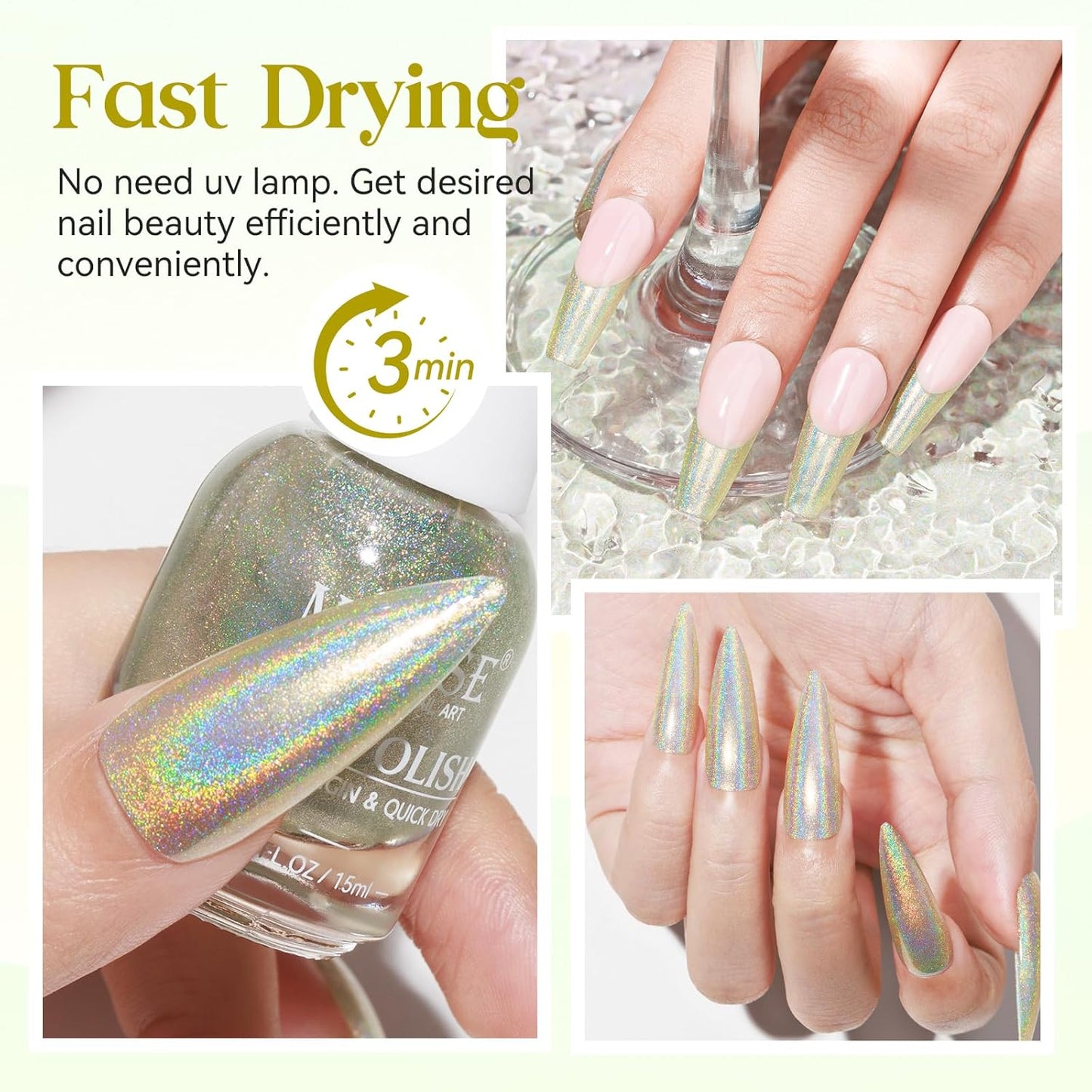 MIZHSE Holographic Nail Polish, Glitter Nail Polish Air Dry Fast, 15 ml High Glossy Shiny Nail Pigment Oil-based Laser Iridescent Chrome Nail Art Salon Manicure Home