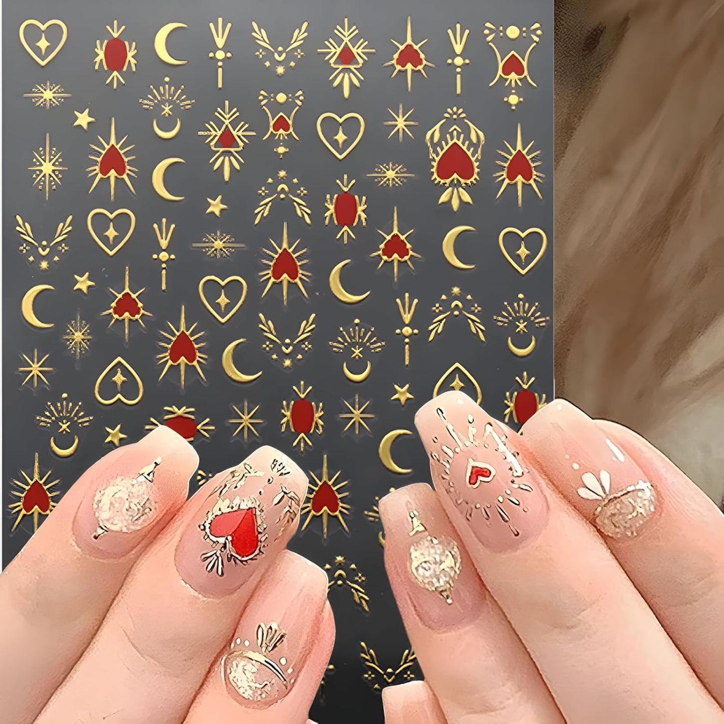 Star Nail Art Stickers - 12 Sheets, 3D Self-Adhesive Gold Moon, Red Heart, Silver Star Designs for Nail Art Decoration