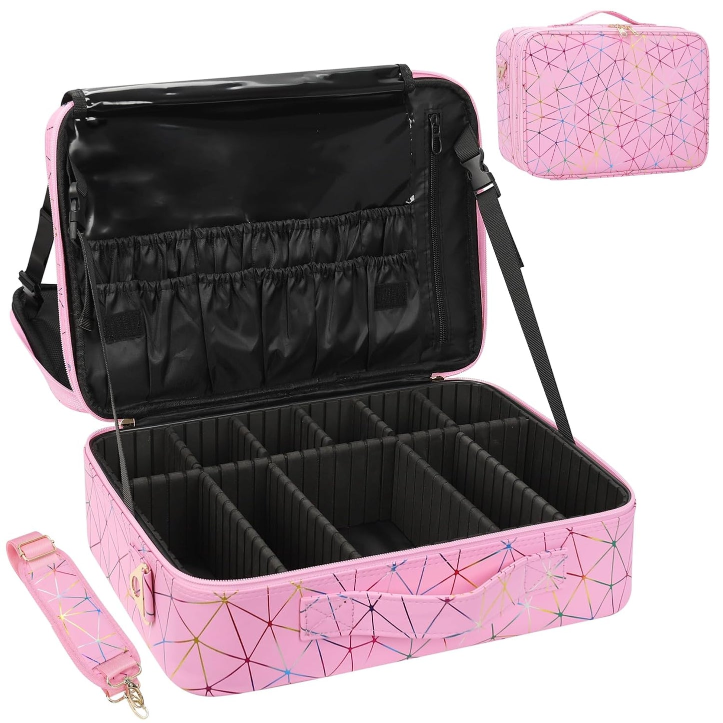 Professional Makeup Case Bag|3 Layers Large Capacity Cosmetic Organizer Brush Bag,Barber Train Case Makeup Artist Box,PU Leather Stylish Geometric Reflection Patterns Pink