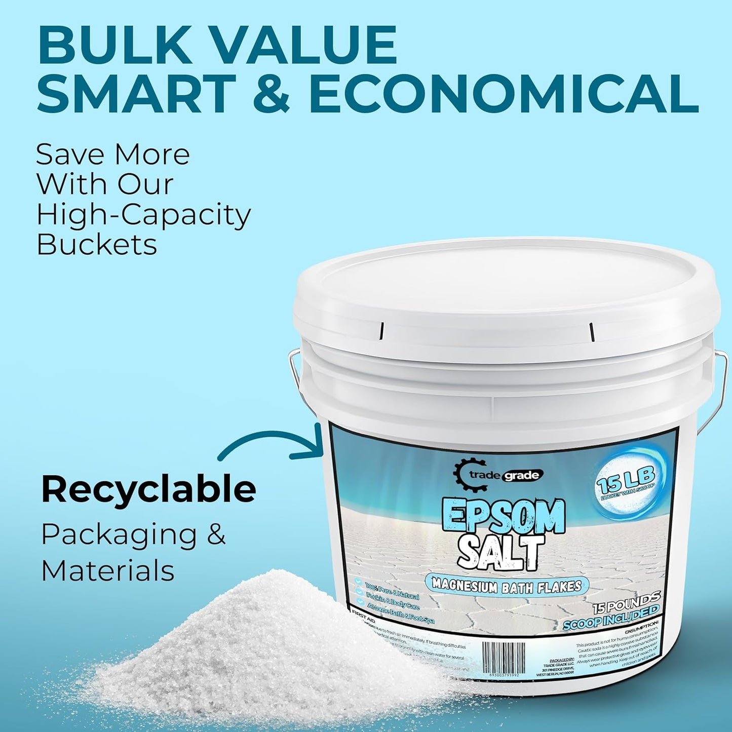 Epsom Salt Bath Soak 15 lb Bucket – Unscented, Pure Epsom Salt Bulk Crystals, Magnesium Sulfate for Full Body or Foot Soaks, Resealable Container with Scoop for Home Bath Use