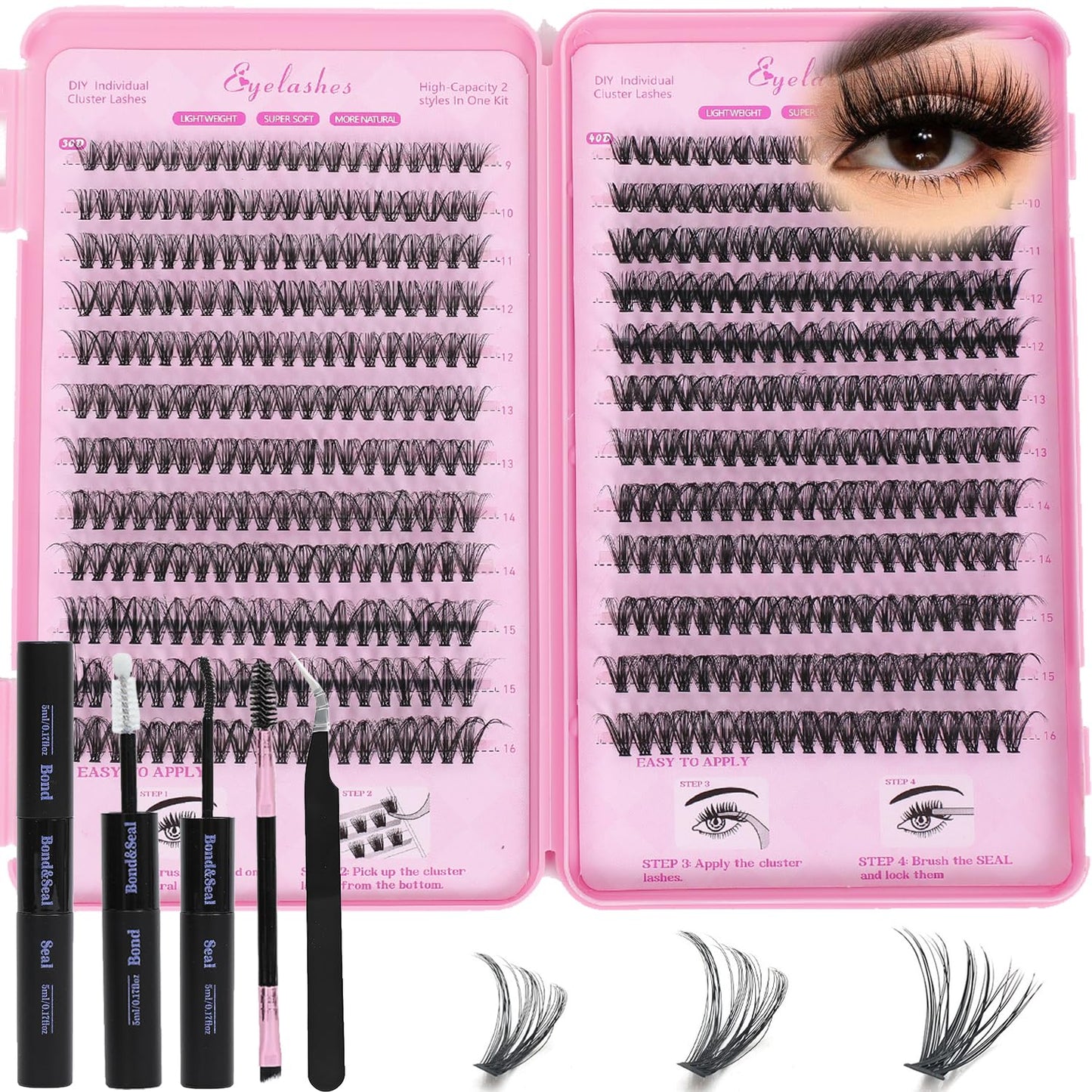 Lash Clusters Kit: Eyelash Clusters Individual Lash Extension Kit 480 Pcs D Curl Fluffy Wispy False Eyelashes Extensions Thin Band with Bond Seal Tweezers Brush (30D+40D Kit 9-16mm)