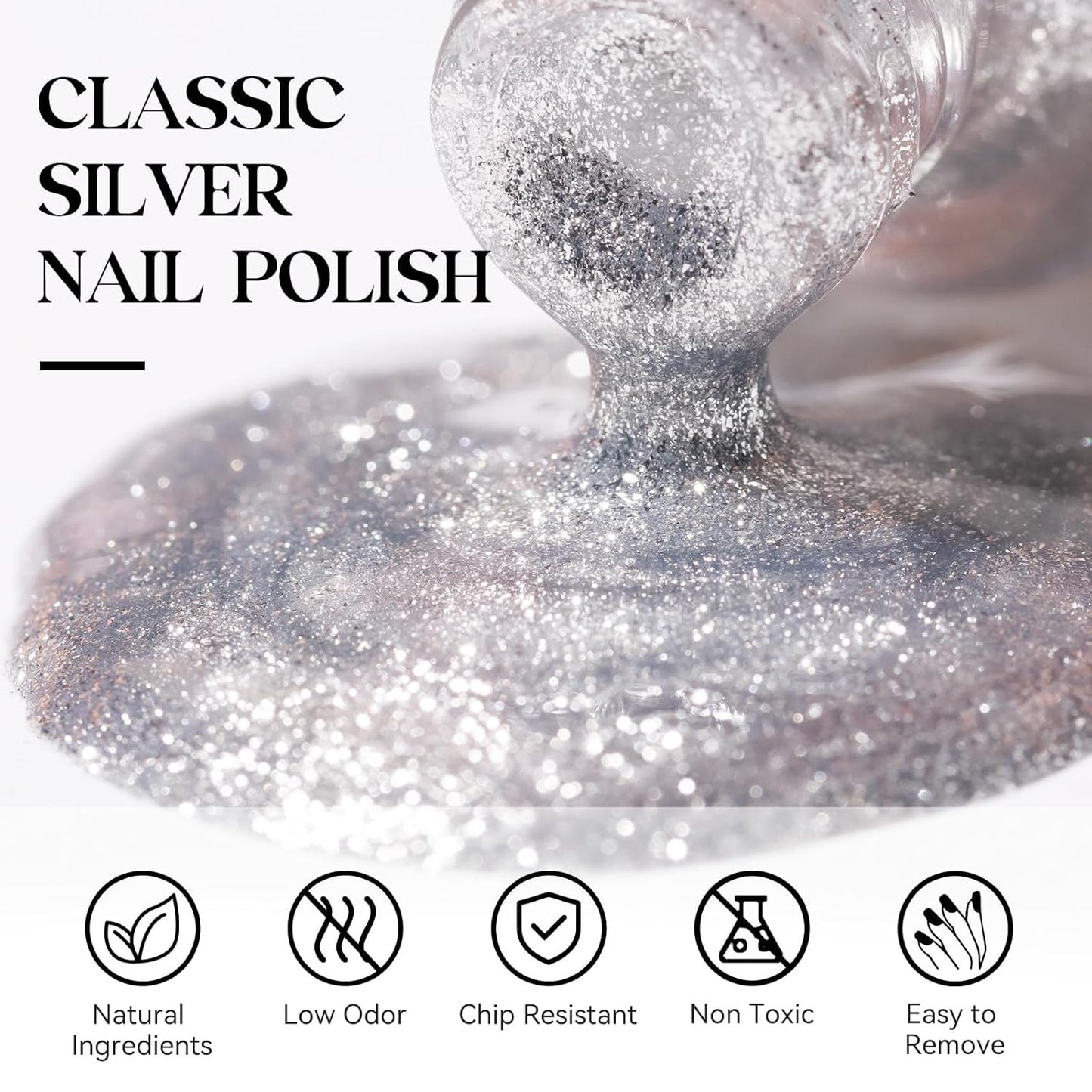 MIZHSE Quick Dry Glitter Nail Polish, Silver Nail Polish Air Dry Fast, 15ml 0.5 fl oz High Glossy Sparkle Shiny Shimmery Chrome Nail Pigment Nail Art Salon Manicure Home