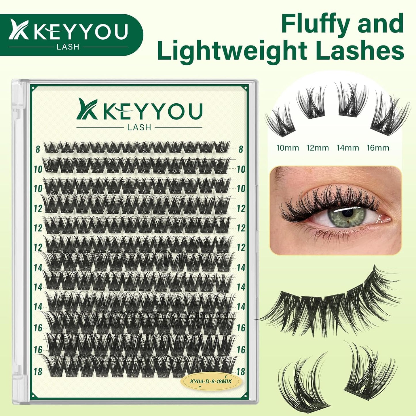 KEYYOULASH Lash Clusters Manga Lash Extension D Curl 144pcs 8-18mm Wispy Eyelash Clusters Natural Volume Eyelash Extensions Individual Lashes DIY at Home(KY04,D-8-18MIX)