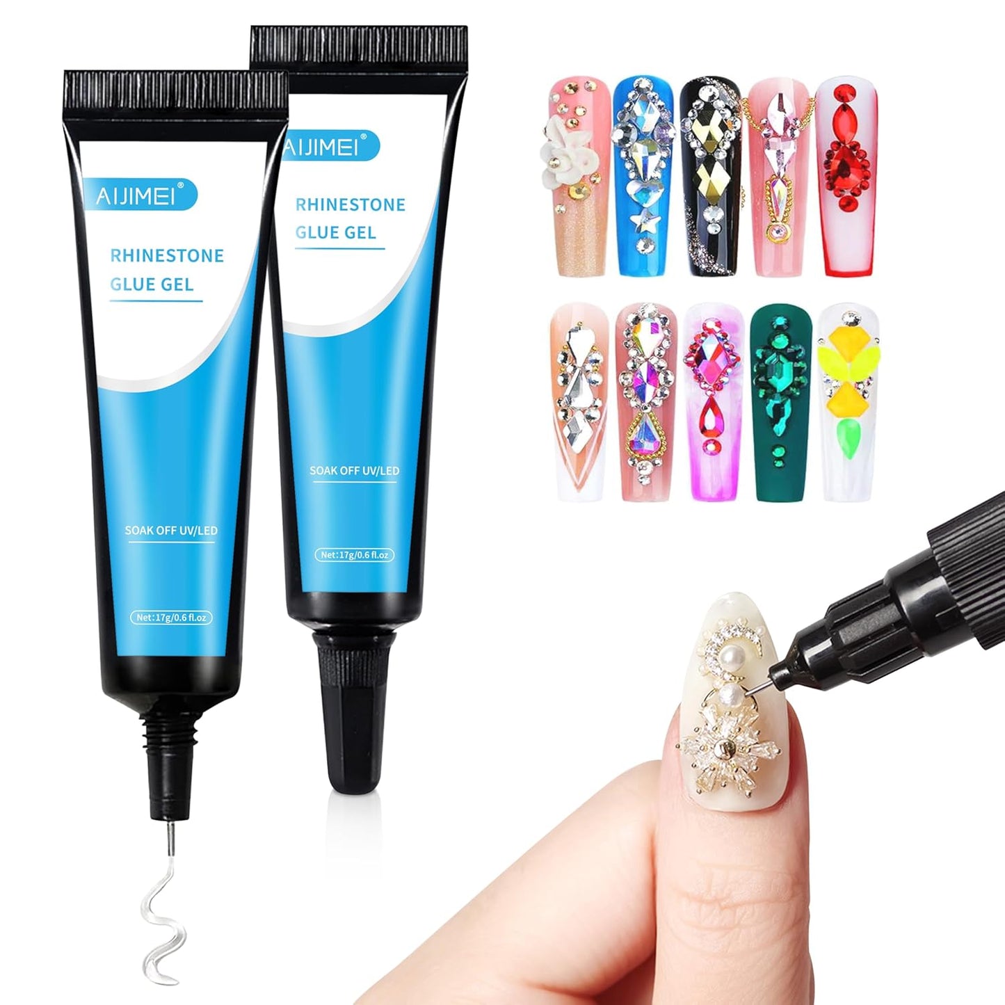 AIJIMEI 17g Nail Rhinestone Glue Nail Glue for Decorations Nail Charm 3D Nails Rhinestone Gel for Gem Nail Art Jewel Diamonds Solid Nail Gel (2Pcs)