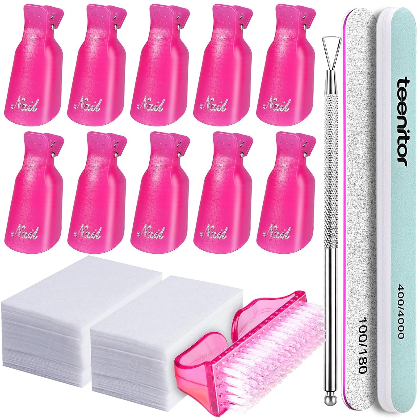 Teenitor Gel Nail Polish Remover Kit with 10pcs Nail Polish Remover Clips Cap 115pcs Nail Wipe Cotton Pads Nail Scraper Nail Files and Buffer Bushes - Hot Red