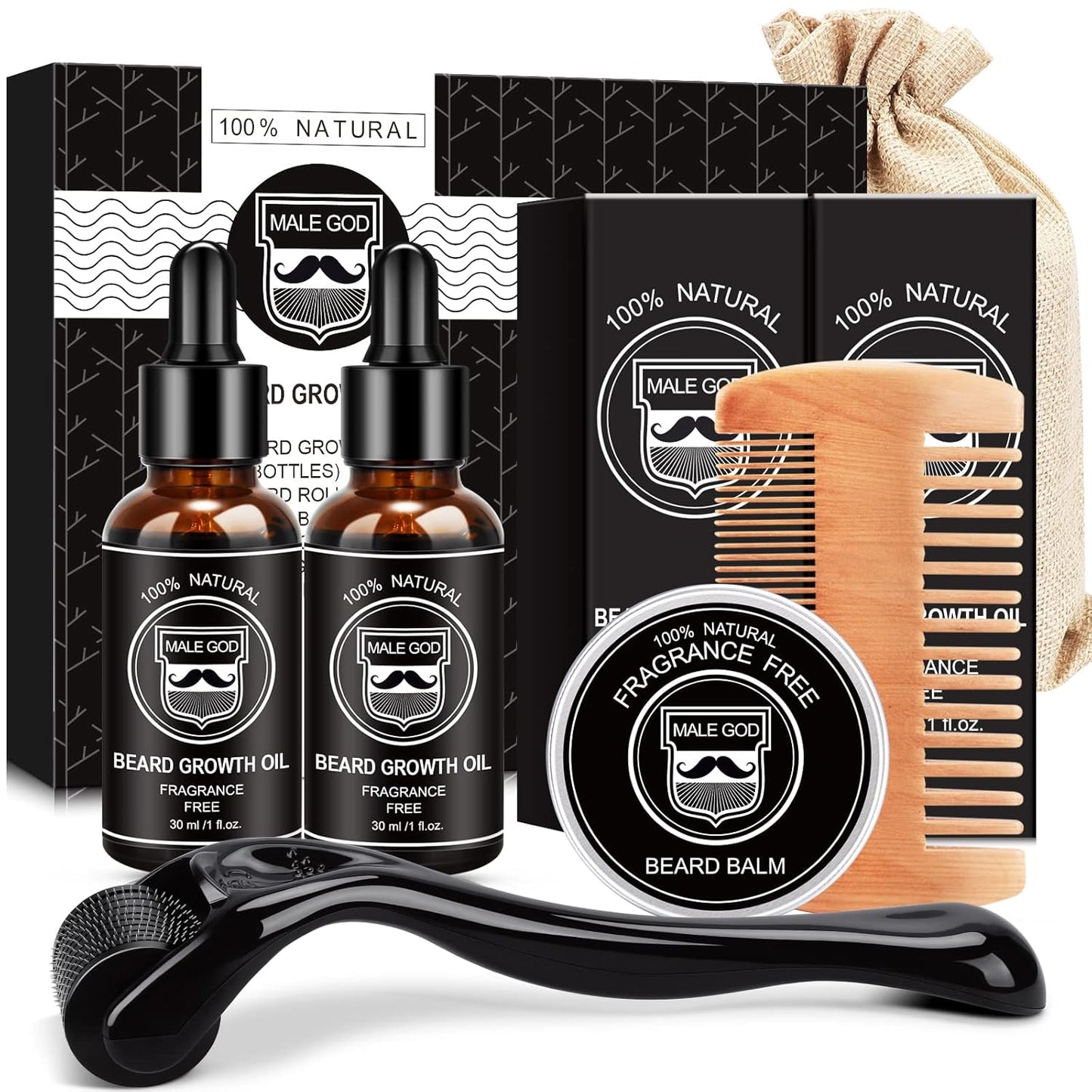 MALE GOD Beard Growth Kit, Beard Kit W/Beard Growth Oil (2 Bottles), Beard Balm, Beard Comb, Massager for Spot/Patchy Beard, Christmas Gifts for Men Him Boyfriend Husband