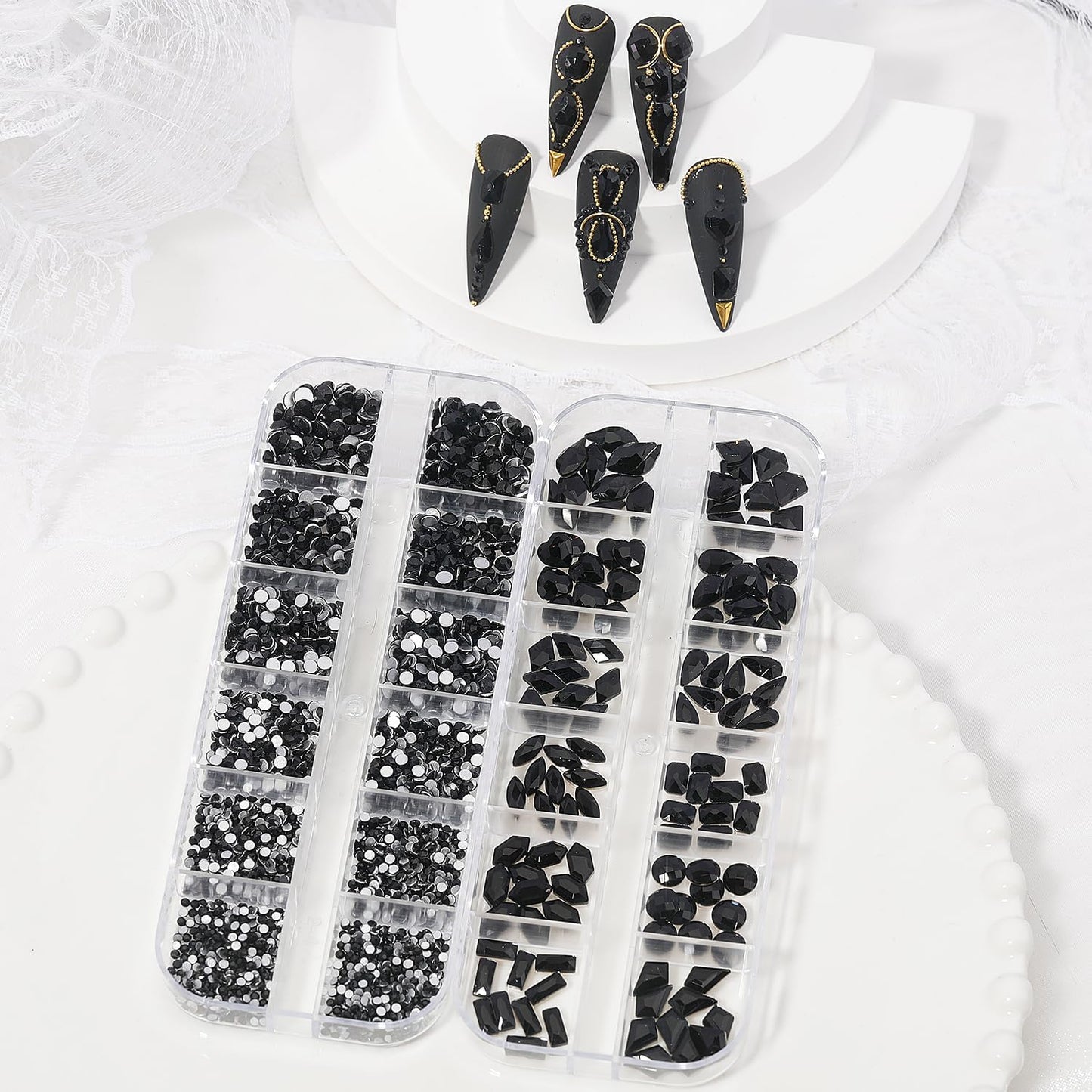 Nail Rhinestones - 3D Multi Shape Size, Flat Back, Manicure Rhinestones Charms, Crystal Black Gems, with Kit, for Nail Art, Bedazzling Acrylic Nails, DIY Decor