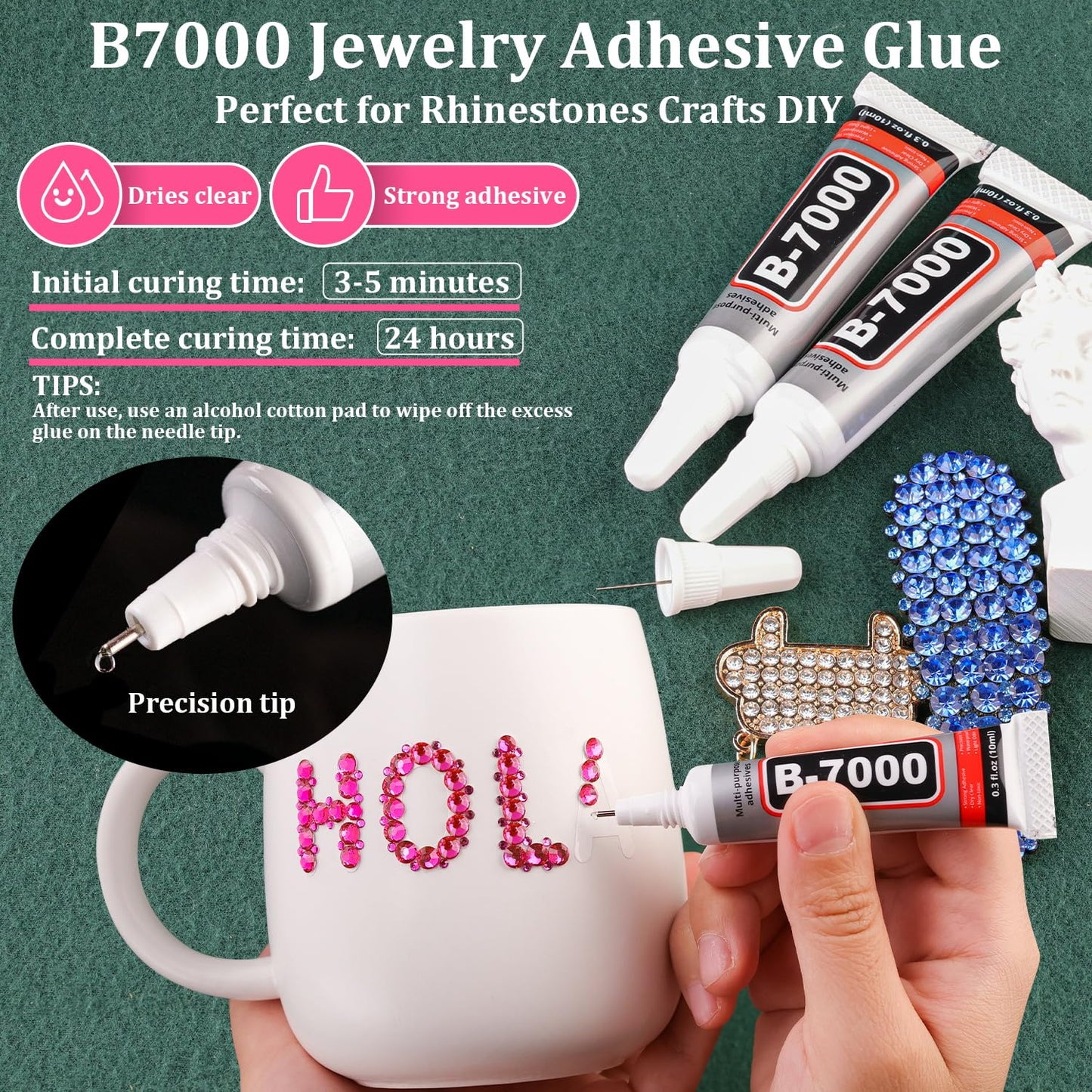 Resin Rhinestones for Crafting with B7000 Jewelry Glue, 2 Boxes Hot Pink Flatback Crystals with 3Pcs 10ml Glue for Bedazzling Crafts DIY Nail Art Makeup，Non Hotfix Gems for Clothing Shoes