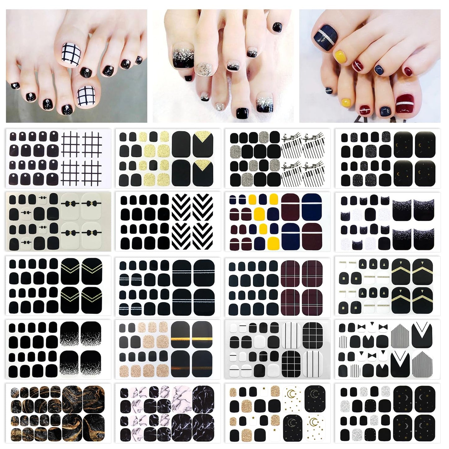 SILPECWEE 20 Sheets Black Toe Nail Stickers Full Nail Wraps for Toes Toenail Polish Strips Gel Nail Strips Self Adhesive Toenails Polish Stickers Nail Art Manicure Sticker with Nail File