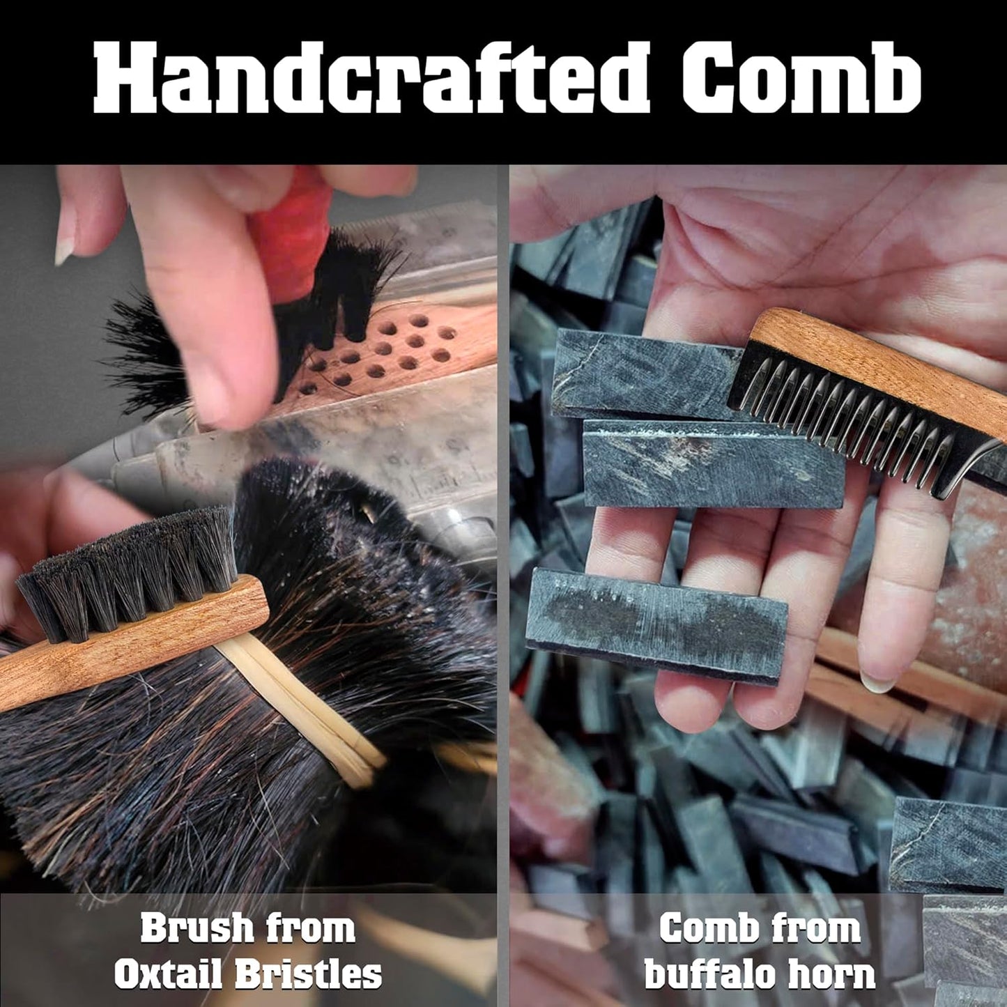 2-in-1 Beard Comb & Brush - Mustache & Beard Comb for Men. Handcrafted from Solid Wood, Buffalo Horn, and Cow Tail Hair. Comes in a Box, Perfect for Gifting.