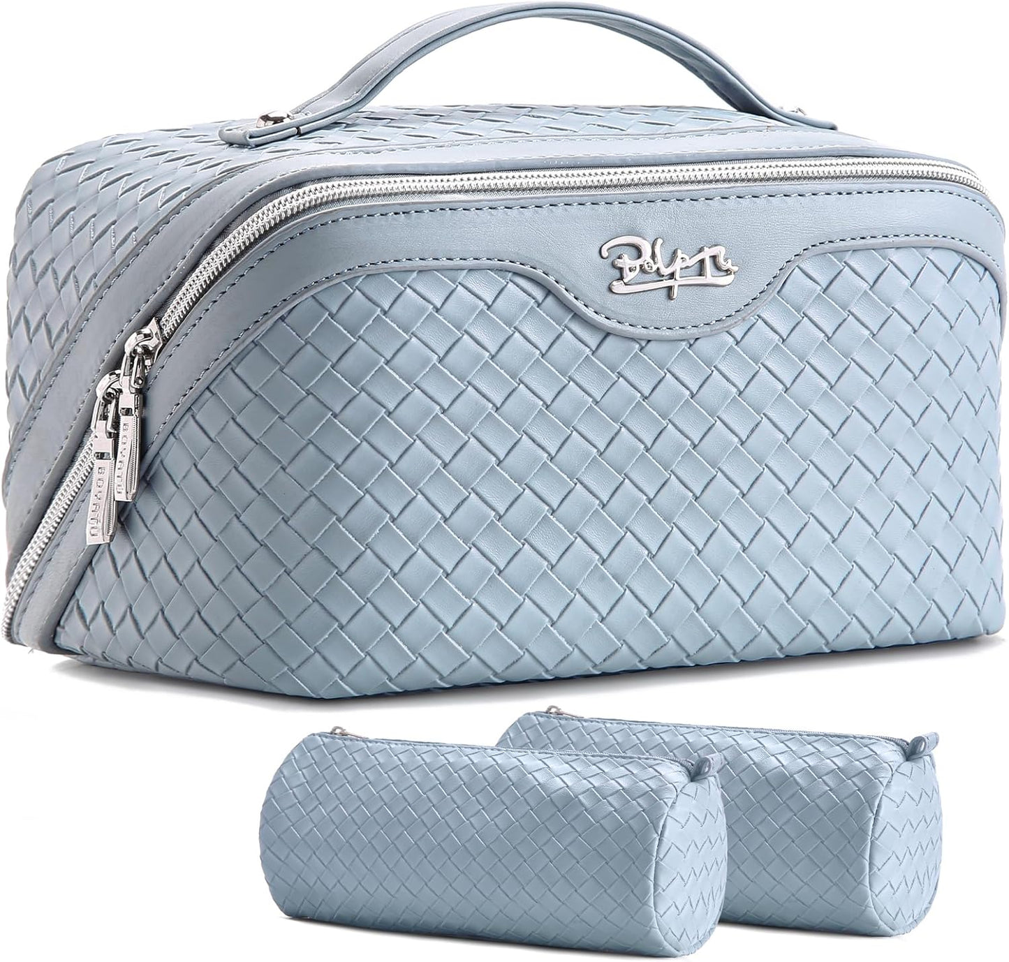 BOYATU Travel Makeup Bags for Women: Large Makeup Organizer - PU Leather Make up Bag Set of 3 - Portable Toiletry Bag with Compartments & Handle & Divider (L04 Light Blue)