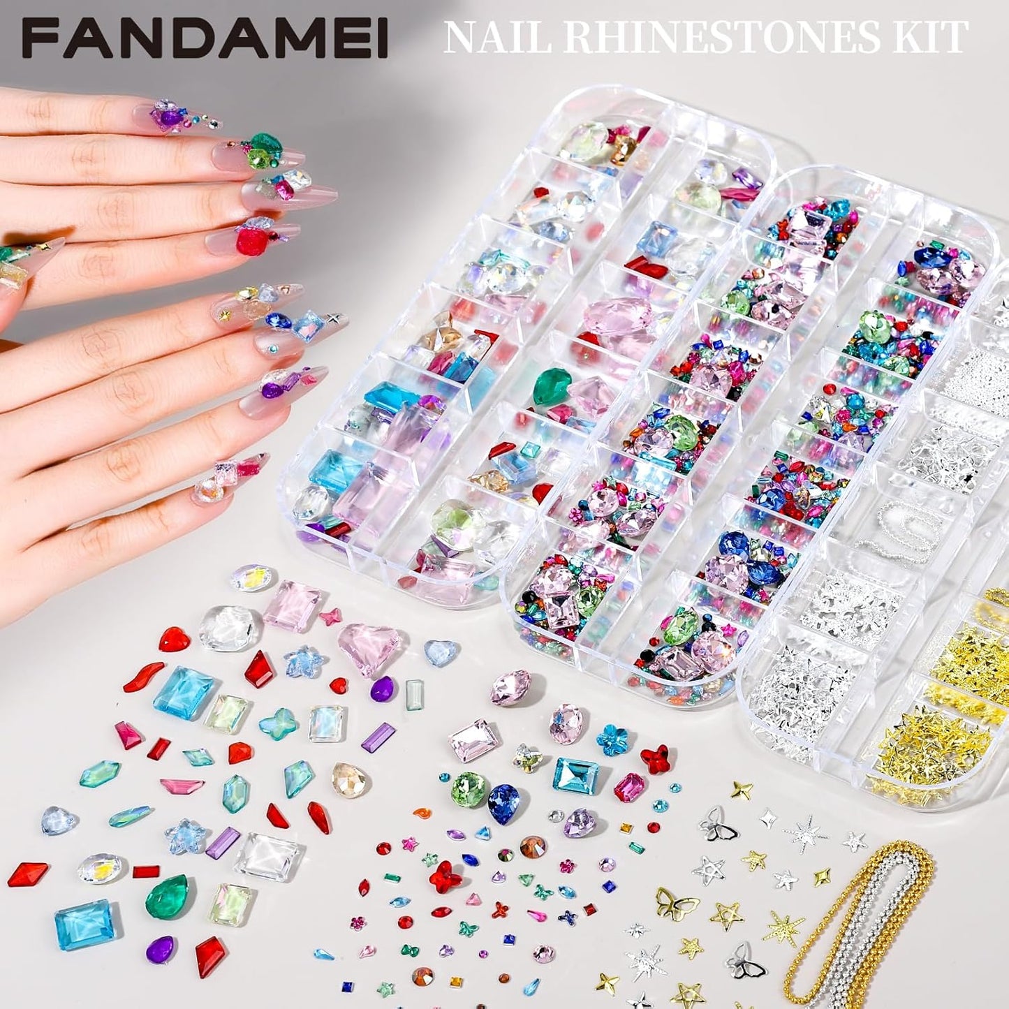 FANDAMEI Nail Gems, 3-Box Colorful Nail Rhinestones Nail Charms and Gems, 3D Rainbow Crystal Nail Diamonds Bulk, Mix-Size Flatback Gems for Nails, Gold Silver Nail Studs Beads for Nail Design