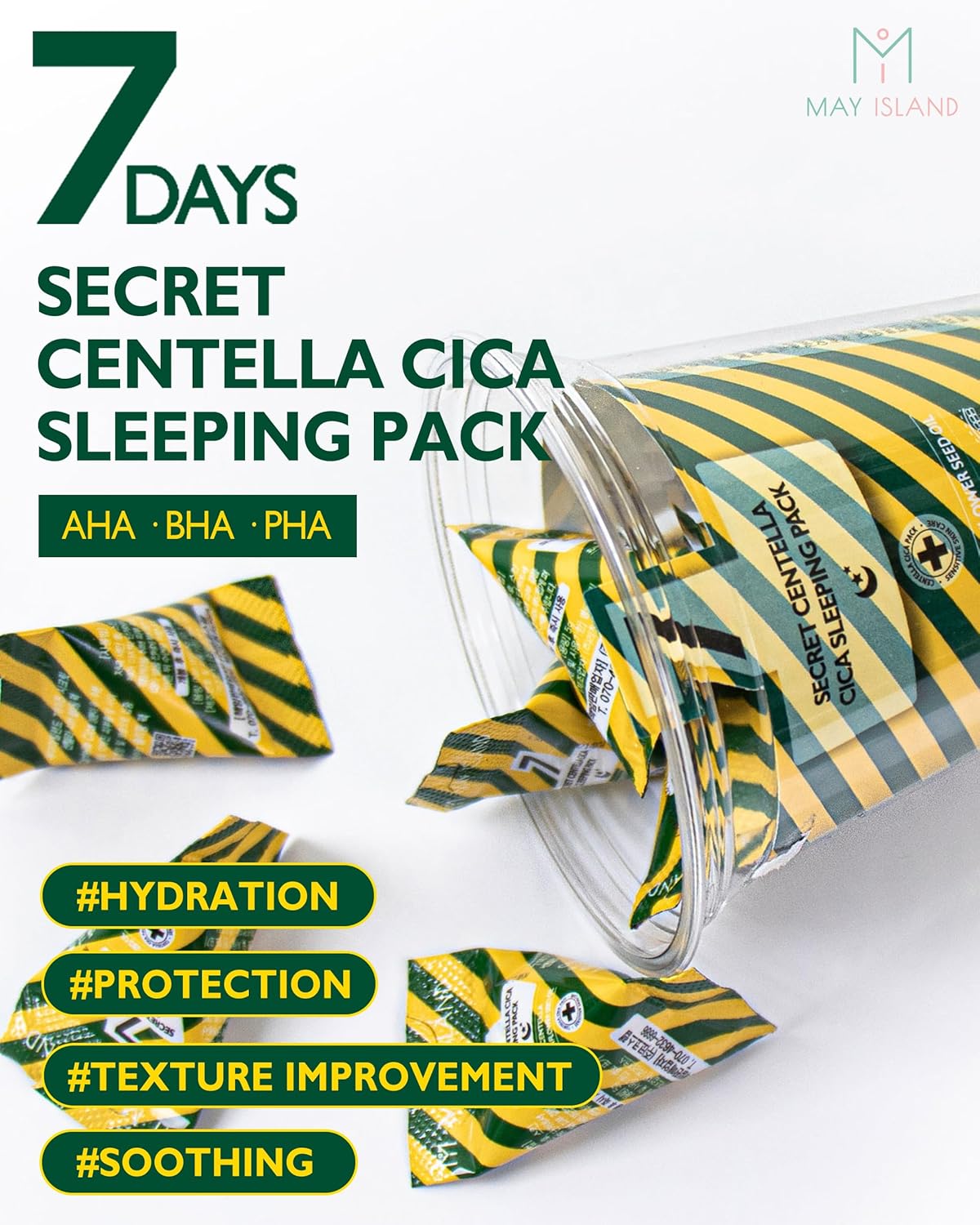 MAYISLAND 7 Days Secret Centella Cica Sleeping Mask - Korean Overnight Mask Soothing & Moisturizing Cream with Cica & Sunflower Oil - Single-Use Individual Pouch, 0.17oz x 12 Pack