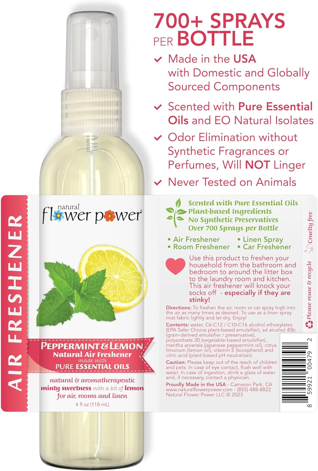 Air Freshener Spray - Odor Eliminator with Essential Oils for the Home, Car & Fabric - Cruelty Free & Vegan - Peppermint & Lemon - 3 x 4 oz