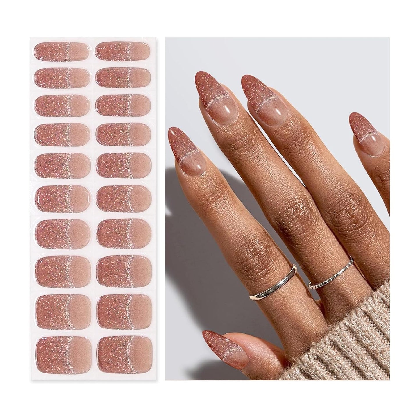 Semi Cured Gel Nail Strips | Built-In Gel Top Coat | UV Light Required | Salon Quality, Easy Application And Removal (Nude Glitter)