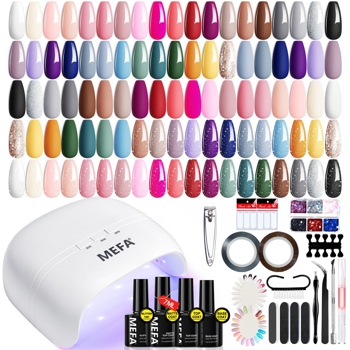 MEFA 60 Pcs Gel Nail Polish Kit with U V Light, 32 Colors All Seasons Nude Gel Nail Polish Set with Base and Matte/Glossy Glitter Top Coat Nail Art DIY Decorations Manicure Tools Gifts for Women