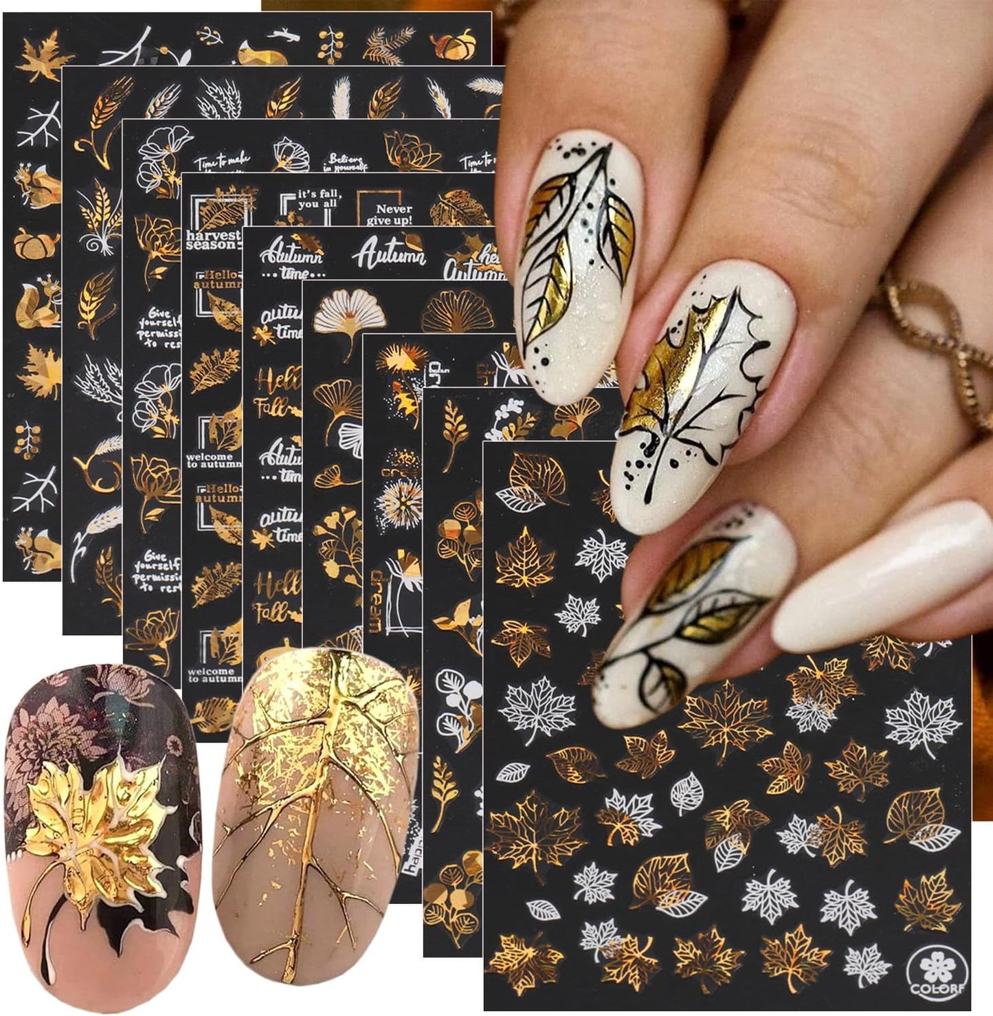 9 Sheets Bronzing Fall Nail Art Stickers 3D Self-Adhesive Metallic Maple Leaf Nail Stickers Thanksgiving Nail Art Supplies Laser White Gold Leaves Flower Nail Designs Autumn Sticker for Acrylic Nails