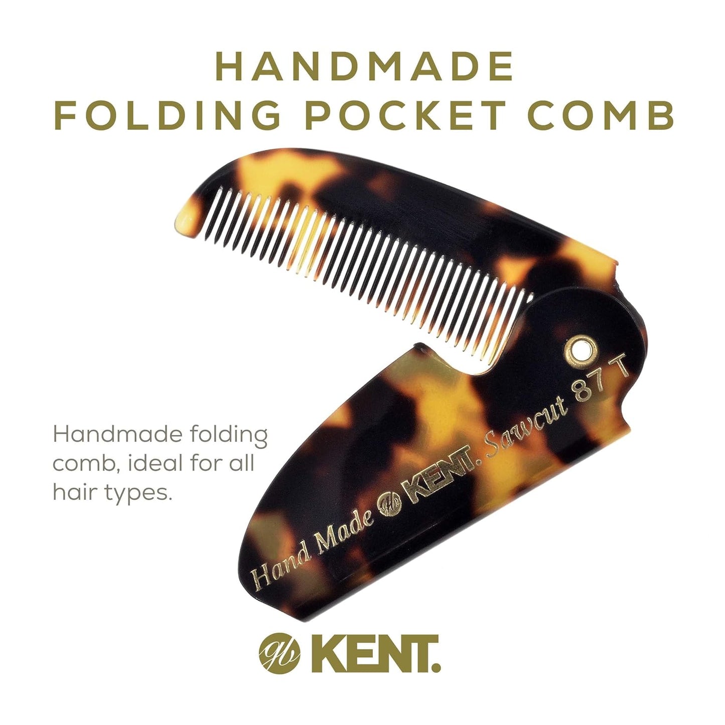Kent 87T TY Handmade Folding Pocket Comb for Men, Fine Tooth Hair Comb Straightener for Everyday Grooming Styling Hair, Beard or Mustache, Use Dry or with Balms, Saw Cut Hand Polished, Made in England