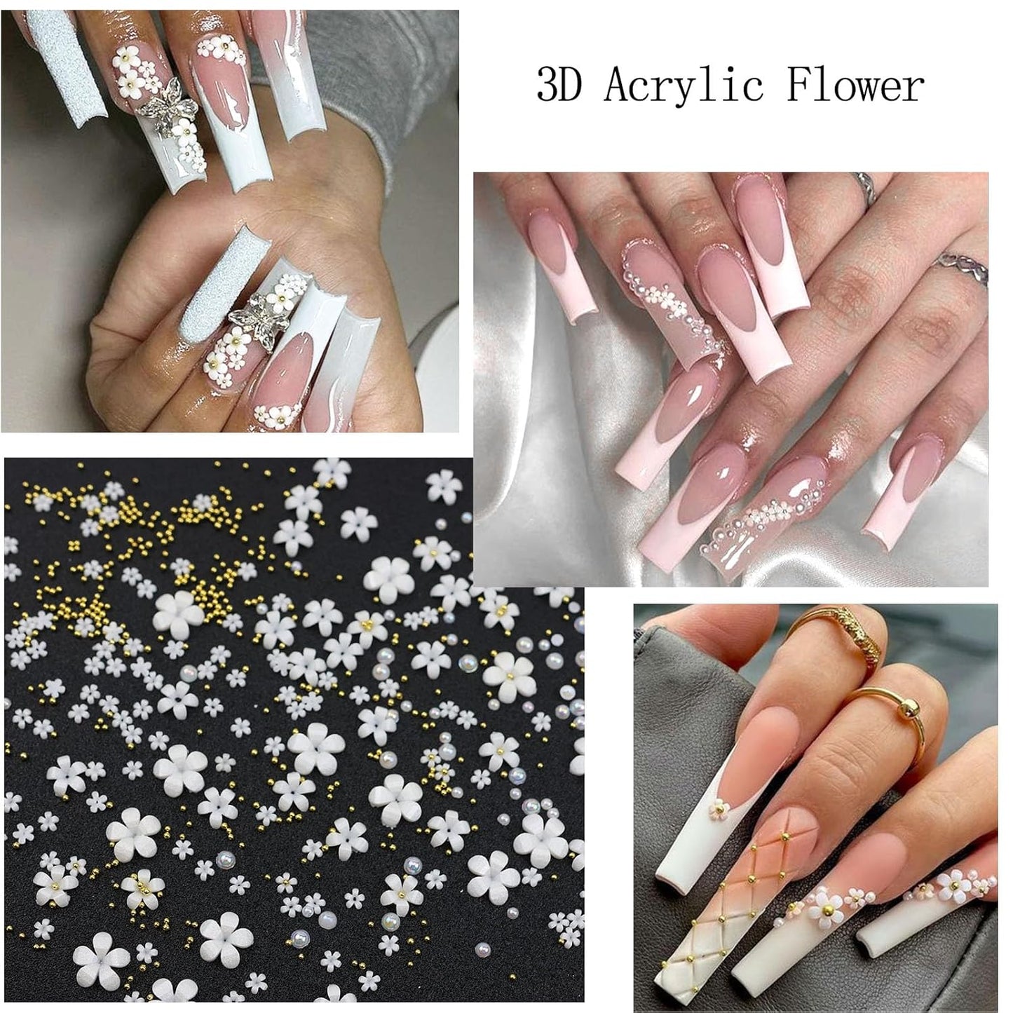 Rhinestones for Nails, Nail Art Charms 3D Flower Nail Charms for Acrylic Nails White Gold Supplies Luxurious Gems Rhinestones Pearls Design Accessories for Women Manicure Decorations