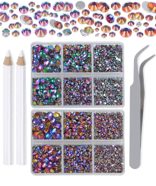 LPBeads 6000 Pieces Blue Volcano and Green Volcano Non Hotfix Rhinestones 6 Sizes Round Crystal Glass Flat Back Rhinestones with Tweezers and Picking Pen for Nail Art Crafts Clothes Bags DIY