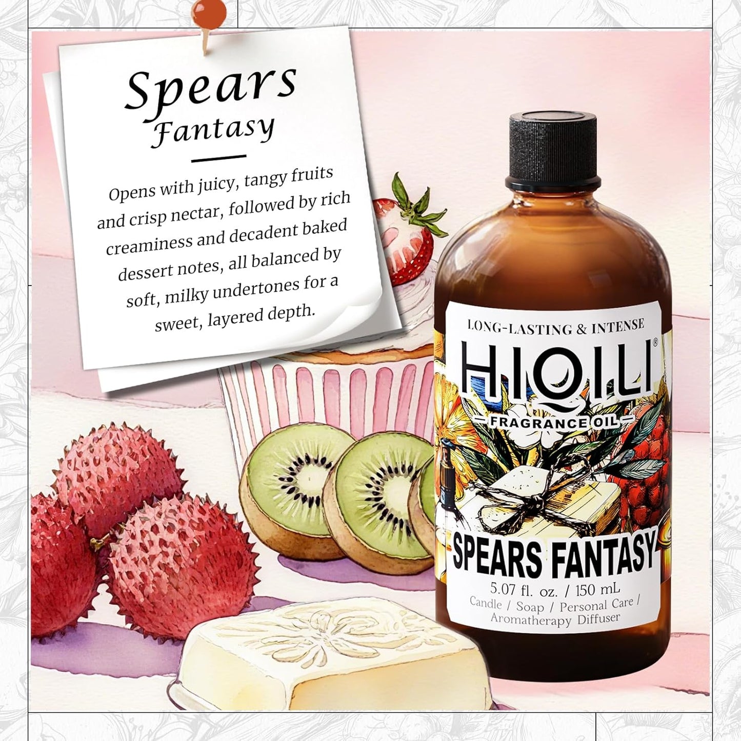 HIQILI Spears Fantasy Fragrance Oil for Home Diffuser, White Chocolate‌ & Cupcake‌ Scents, DIY Soap, Candle, Perfume Making, Long Lasting - 5.07 Fl Oz