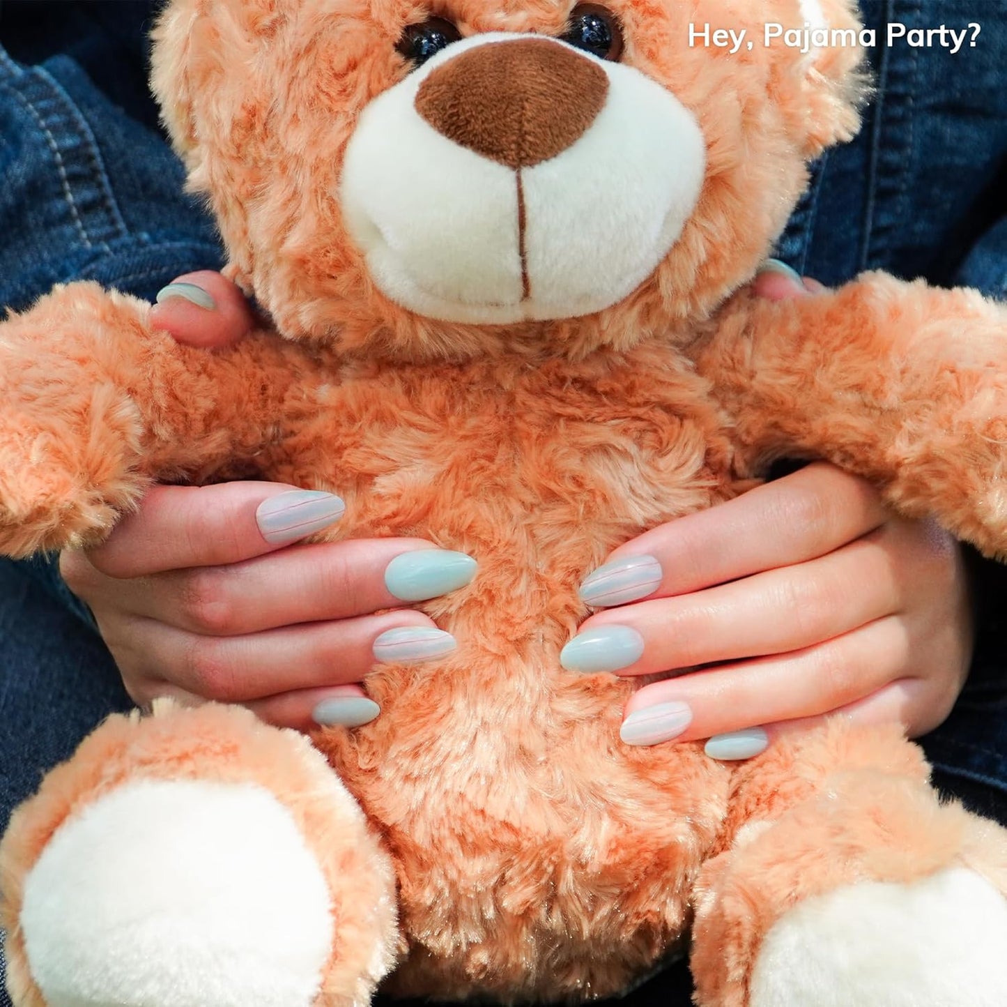 Semi Cured Gel Nail Strips | No LED Lamp Needed | Summer, Solid, Blue | Easy Apply & Remove, Salon Quality | Includes 28 Strips, 1 Prep Pads, Nail File & Wooden stick - Hey, Pajama Party?