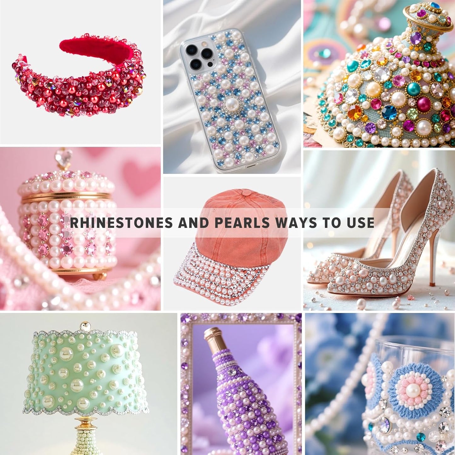 80g Mix Flatback Pearls and Rhinestones for Crafts Pink Mixed Size 2mm-10mm Half Round Pearls Rhinestones for Nail Art Tumblers Shoes DIY Bedazzling with Tweezers Wax Pen