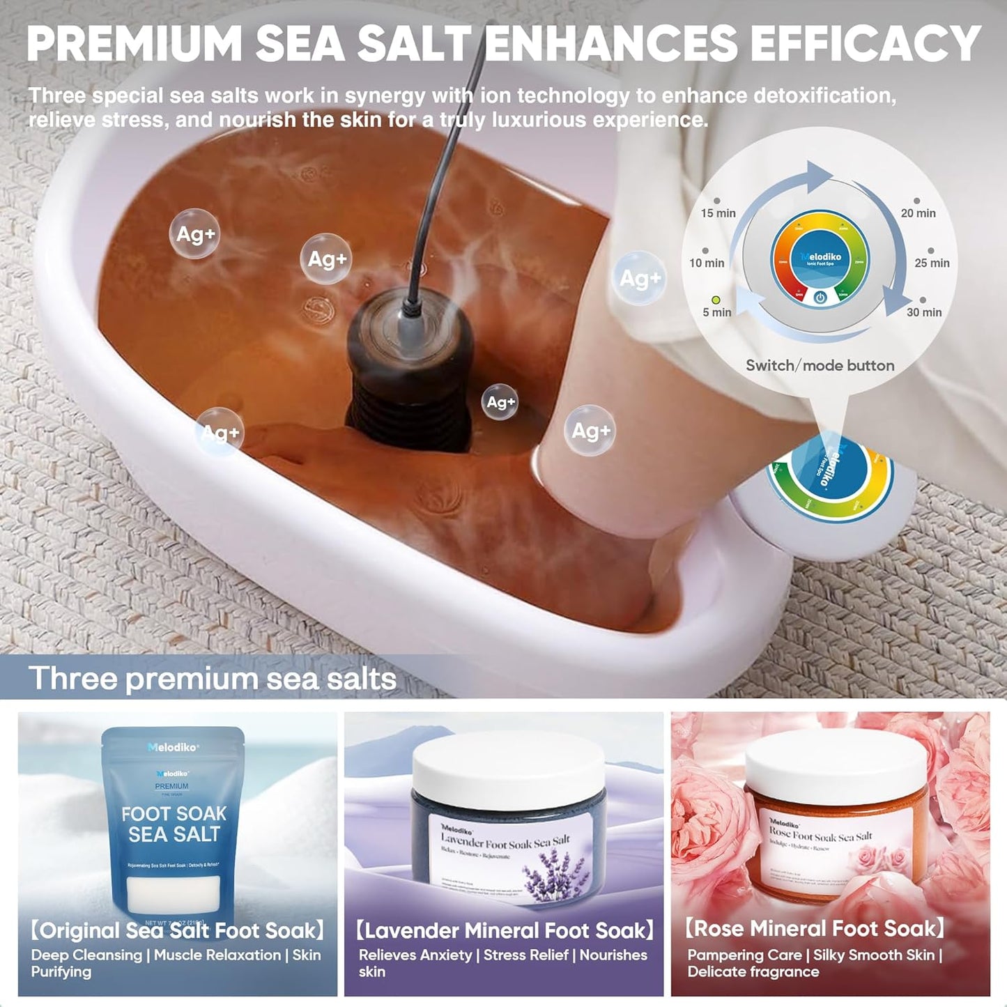 Ionic Foot Bath Detox Machine, Premium Ion Foot Spa for Home Use, Includes 3 Sea Salts (Original/Rose/Lavender), Basin, 2 Ion Arrays & Accessories, Perfect for Parents/Seniors/Partner/Self