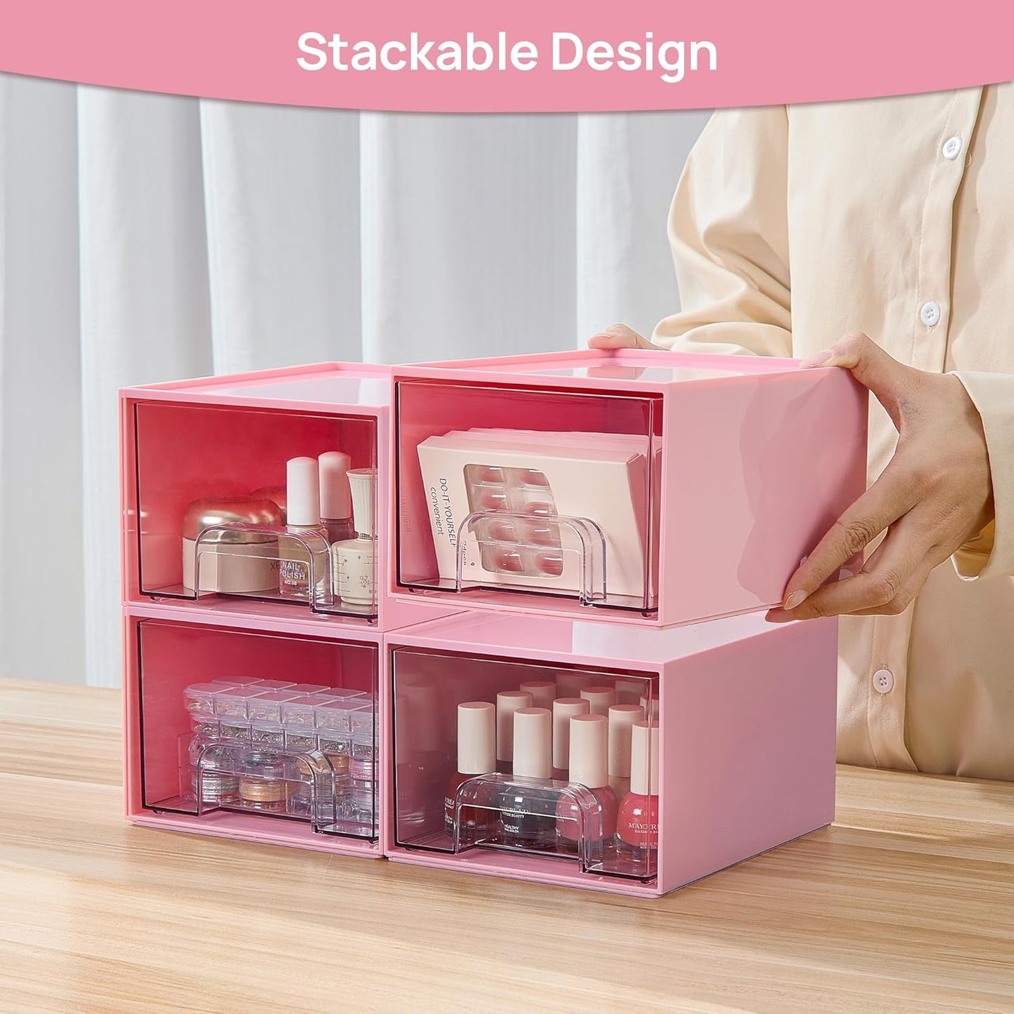 Vtopmart 4Pack Stackable Storage Drawers, 4.4'' Tall Bathroom Makeup Organizer,Plastic Storage Bins For Vanity, Undersink, Kitchen Cabinet, Pantry, Home Organization(Pink)