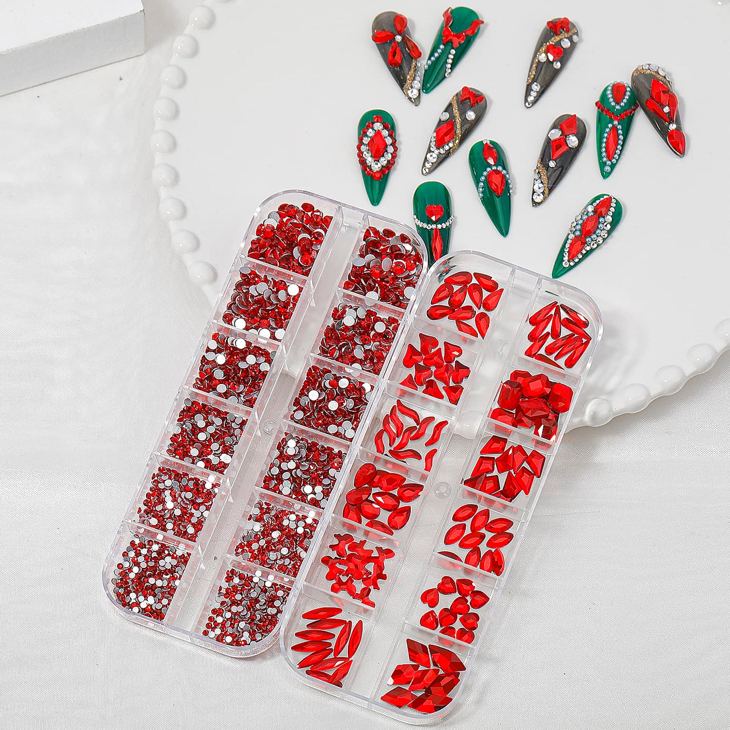 HNUIX Nail Rhinestones - 3D Multi Shape Size, Red Nail Gems, Flat Back, with Kit, for Nail Art, DIY Decorations