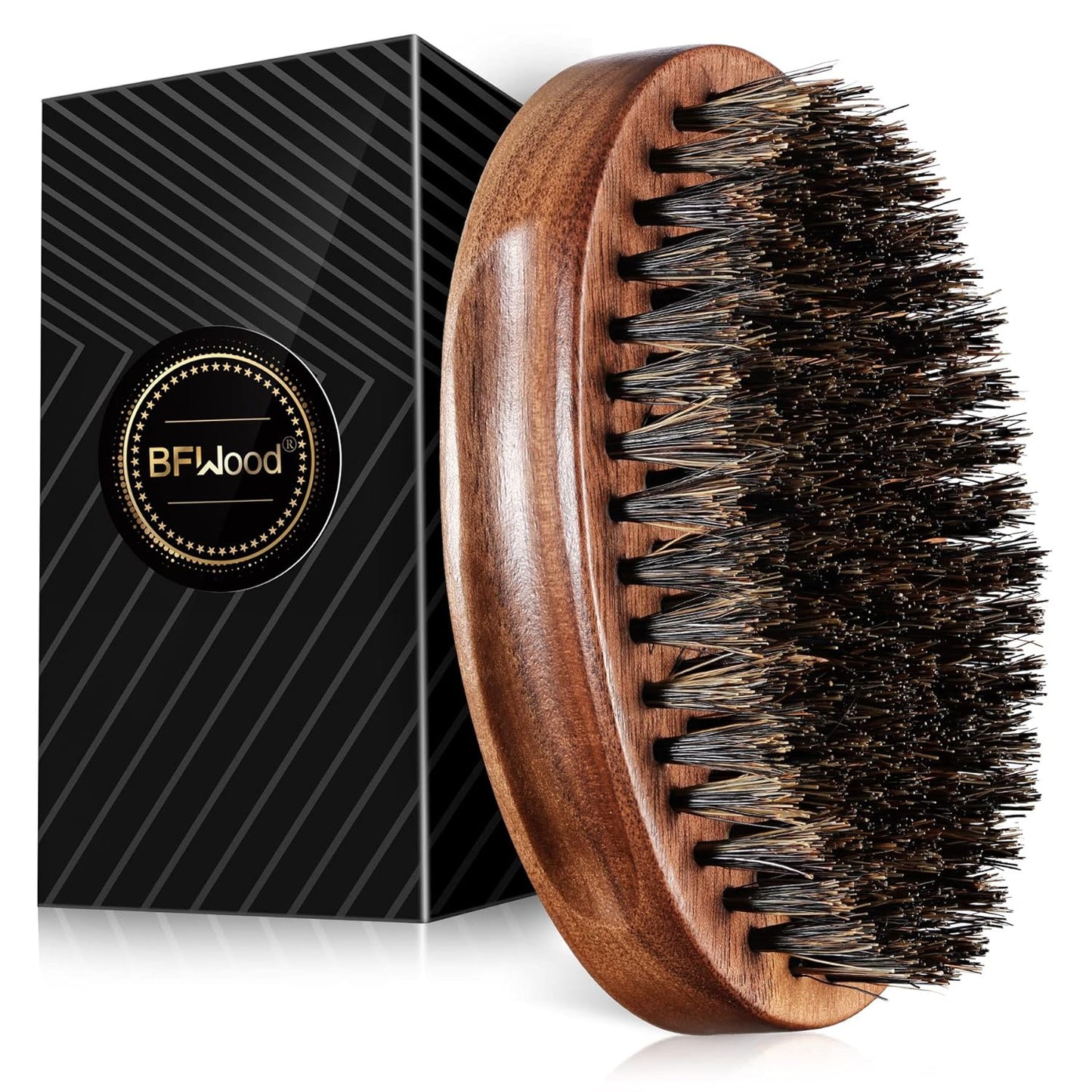 BFWood Boar Bristle Beard Brush - Black Wood Walnut Military Style, Men's Wooden Mustache Brush