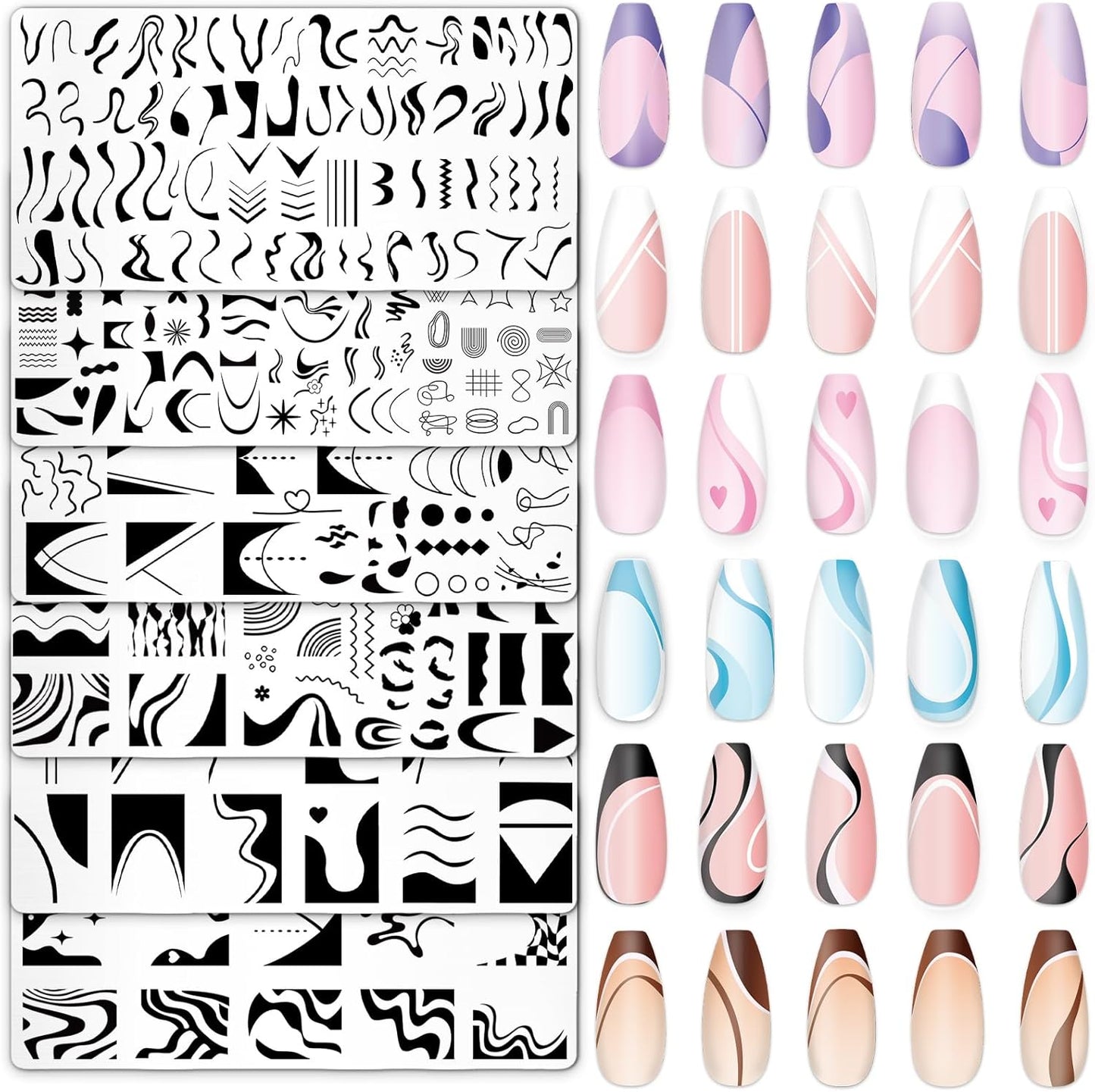 Whaline 6Pcs French Line Nail Plates Stamping Set Minimalism Wave Stripe Stamp Templates Nail Art Plates For DIY Print Manicure Salon Design