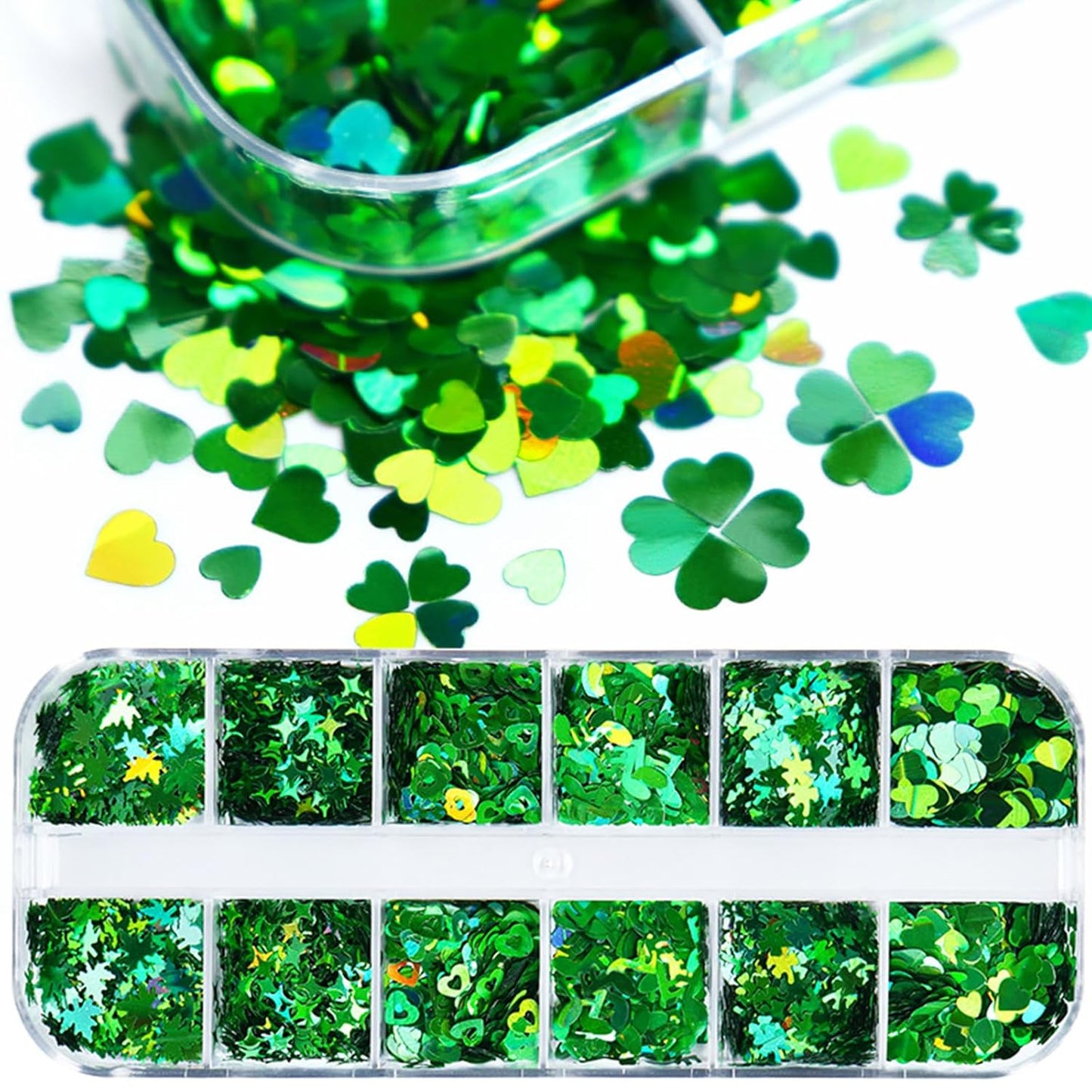 St.Patrick's Day Nail Art Glitter Sequins 3D Holographic Laser Green Hearts Stars Leaves Clovers Musical Nail Acrylic Stickers Spring Shiny Flakes Nail Supplies for Women Girls Nail Decoration 12Grids