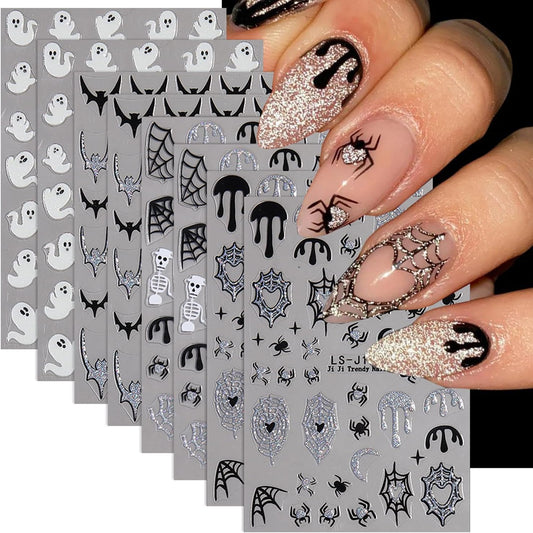 Halloween Nail Stickers Spider Nail Decals Ghost Nail Art Stickers Glitter Spider Web Bat Black Silver Design Bat French Tips Self Adhesive Nail Sticker for Nail Art Manicure Accessories 6Sheets