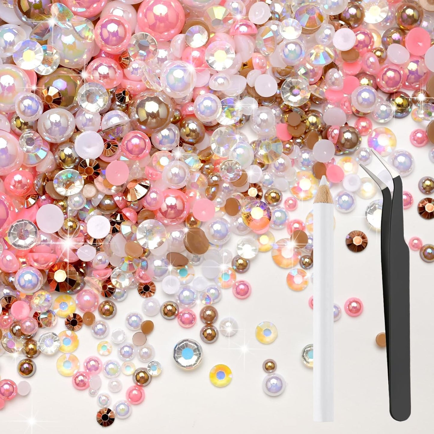 80g Mix Flatback Pearls and Rhinestones for Crafts Pink Brown Mixed Size 2mm-10mm Half Round Pearls Rhinestones for Nail Art Tumblers Shoes DIY Bedazzling with Tweezers Wax Pen