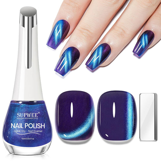 Blue Violet Cat Eye Nail Polish Quick Dry, Magnetic Nail Polish Non Gel Fingernail Lacquer DIY Manicure Gift For Women Girls 16ml/0.54 oz