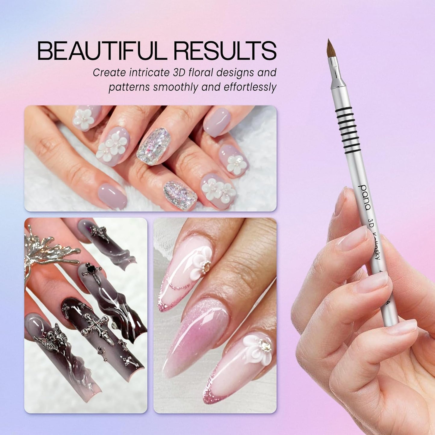 PANA 3D Kolinsky Acrylic Nail Art Sculpture Brush with Silver Metal Non-Slip Grip Handle for Manicures 3D Nail Art Flower Designs (Size #4)