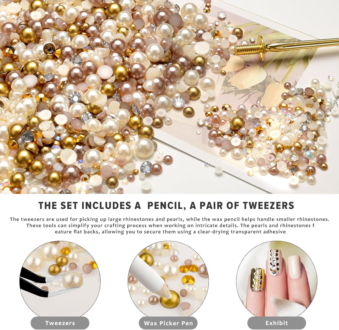 80g Mix Flatback Pearls and Rhinestones for Crafts Champagne Gold Mixed Size 2mm-10mm Half Round Pearls Rhinestones for Nail Art Tumblers Shoes DIY Bedazzling with Tweezers Wax Pen
