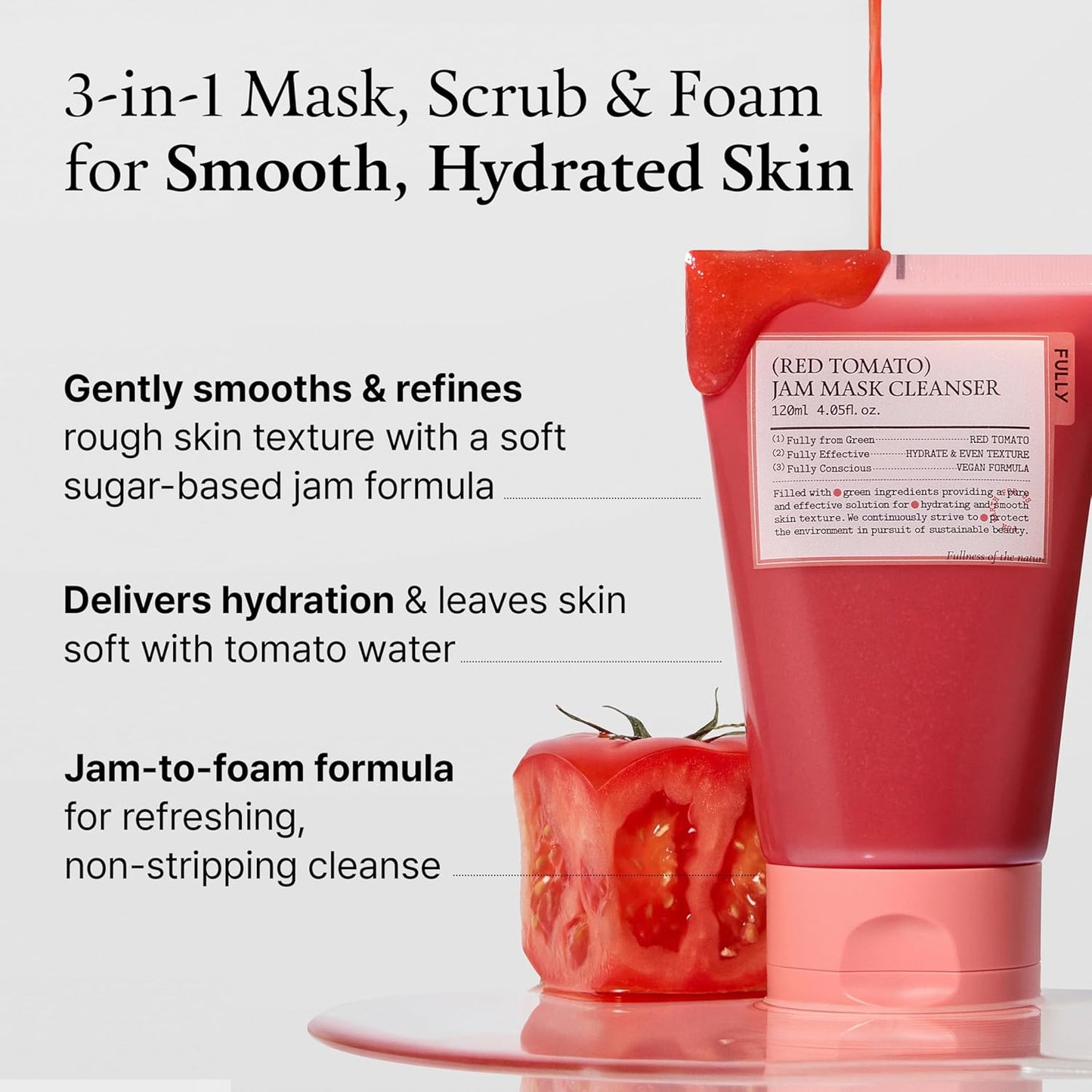 FULLY Red Tomato Jam Mask Cleanser, Gentle Exfoliation, Refines Skin Texture, Clear Pores, Hydration, Face Wash, Vegan, Rough & Sensitive Skin, Korean Skincare 4.05 fl.oz