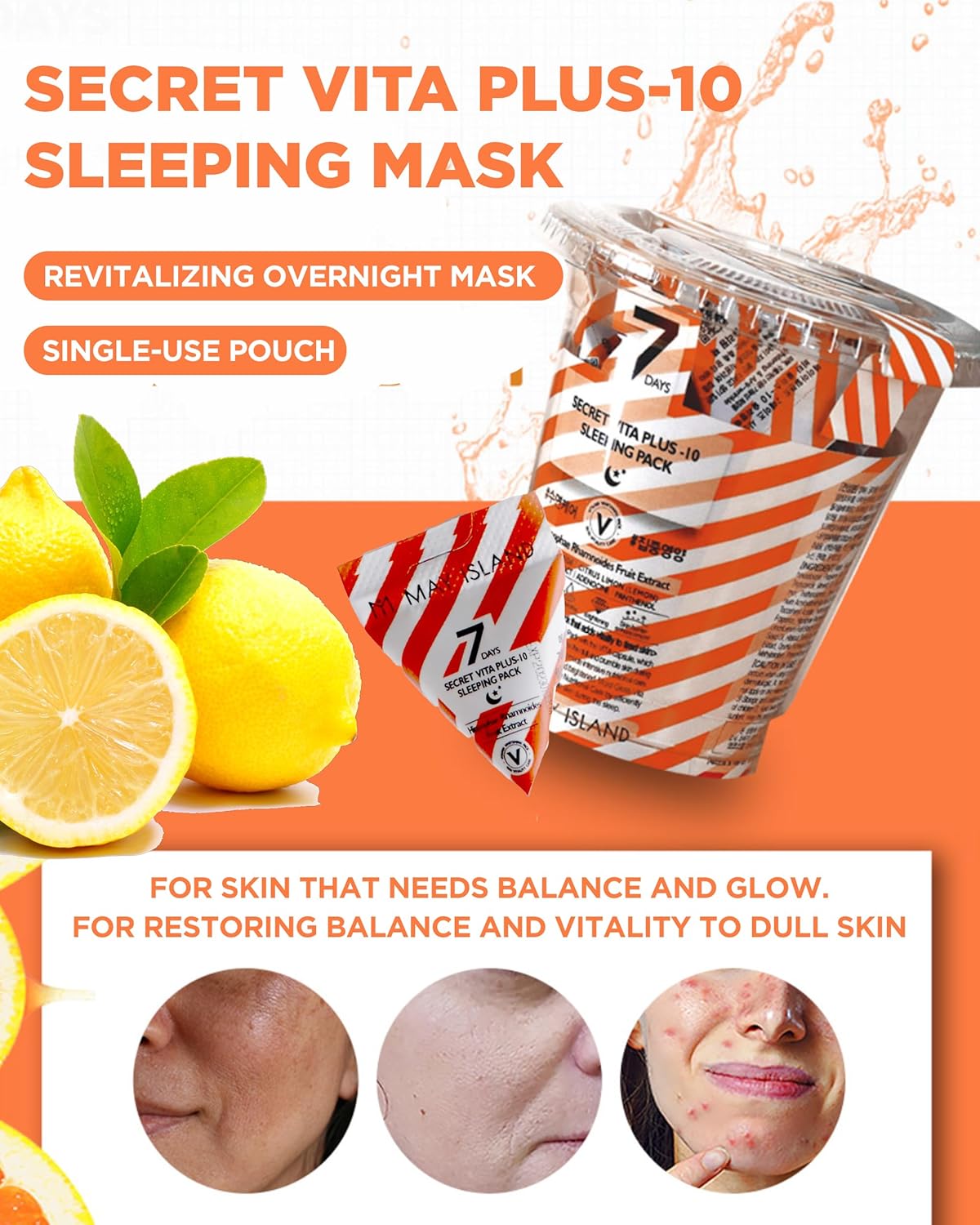 MAY ISLAND 7 Days Secret Vita Plus Sleeping Mask - Korean Overnight Mask with Sea Buckthorn Extract & Niacinamide - Revitalizing & Nourishing - Single-Use Pouches. 0.17oz. x 12 Pack