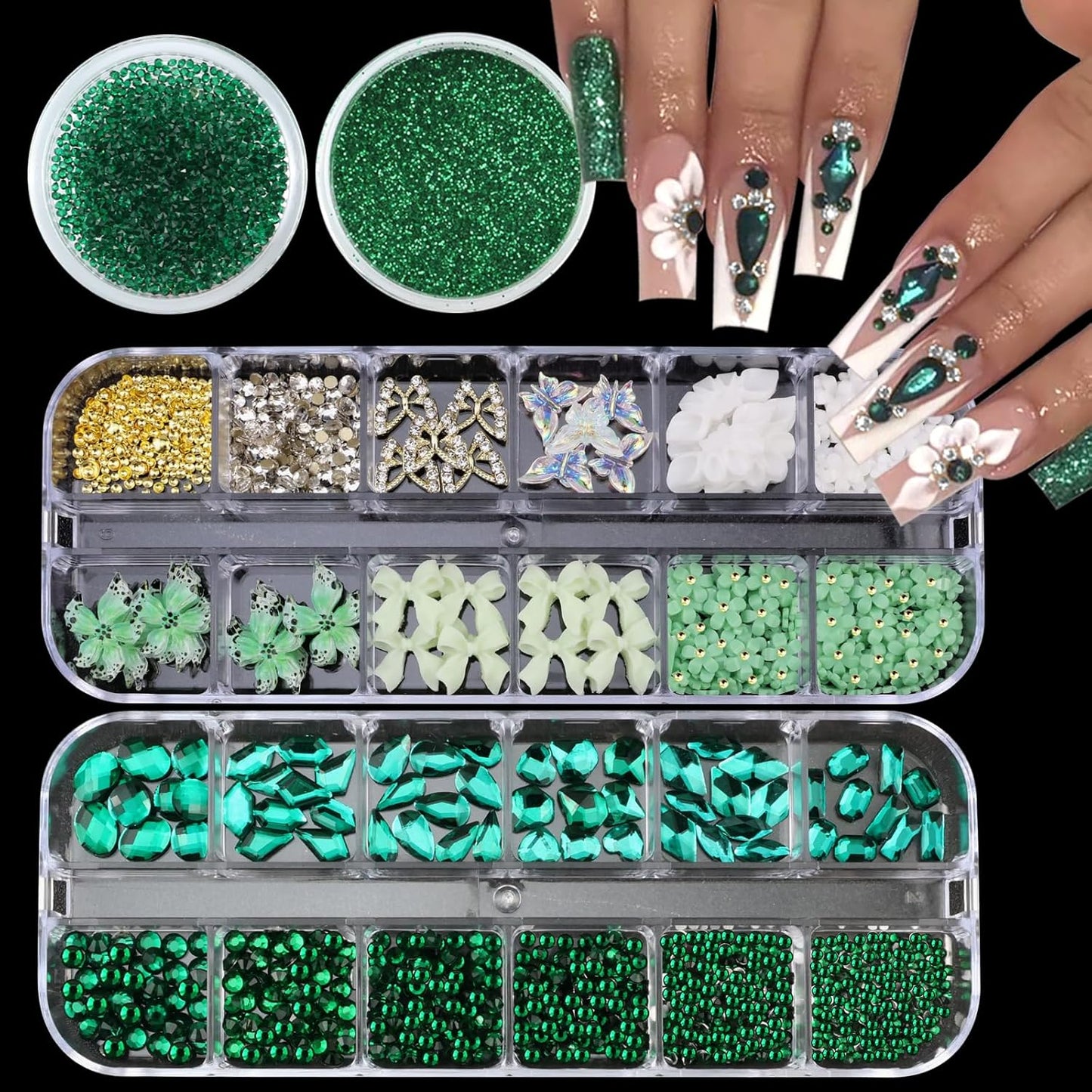 4 Boxes Green Nail Gems Bow Flower Nail Charms for Acrylics - Irregular Crystals, Nails Rhinestone & Accessories for Women Nails Art Design Nails Decor(Green)