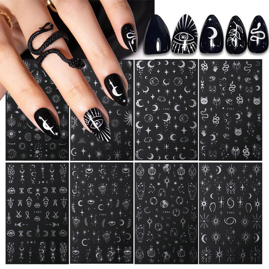 8 Sheets Metallic Nail Art Stickers Decals Silver Moon Star Sun Nail Stickers Eye Snake Nail Decals 3D Self-Adhesive Luxury Nail Art Design Stickers for Women Girls DIY Manicure Decoration Accessories