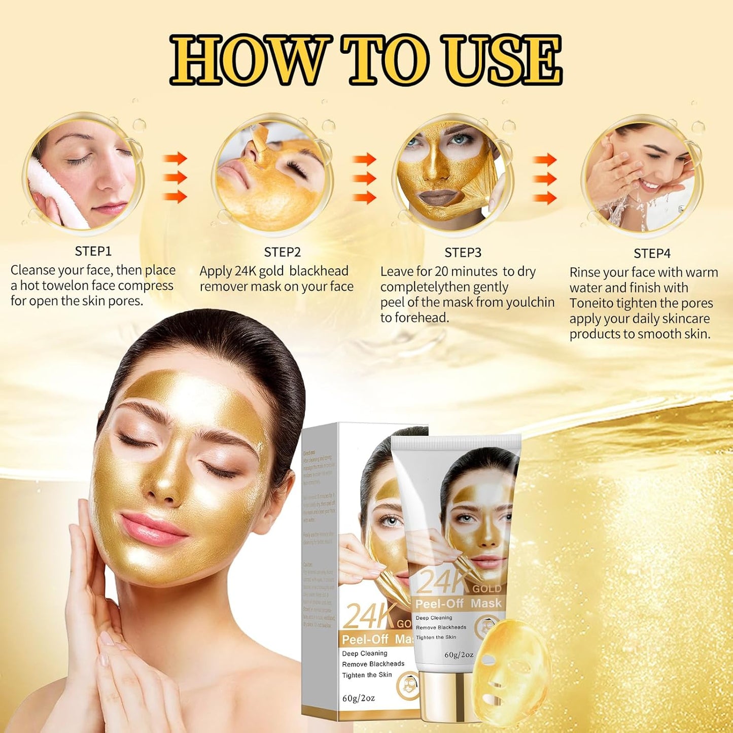 Blackhead Peel Off Mask, 24K Gold Peel Off Face Mask Blackhead Remover, Firming Peel Off Facial Mask for Face, Deep Cleaning Pore Peel Off Face Mask, Anti-Aging, Fine Lines＆ Wrinkles for All Skin