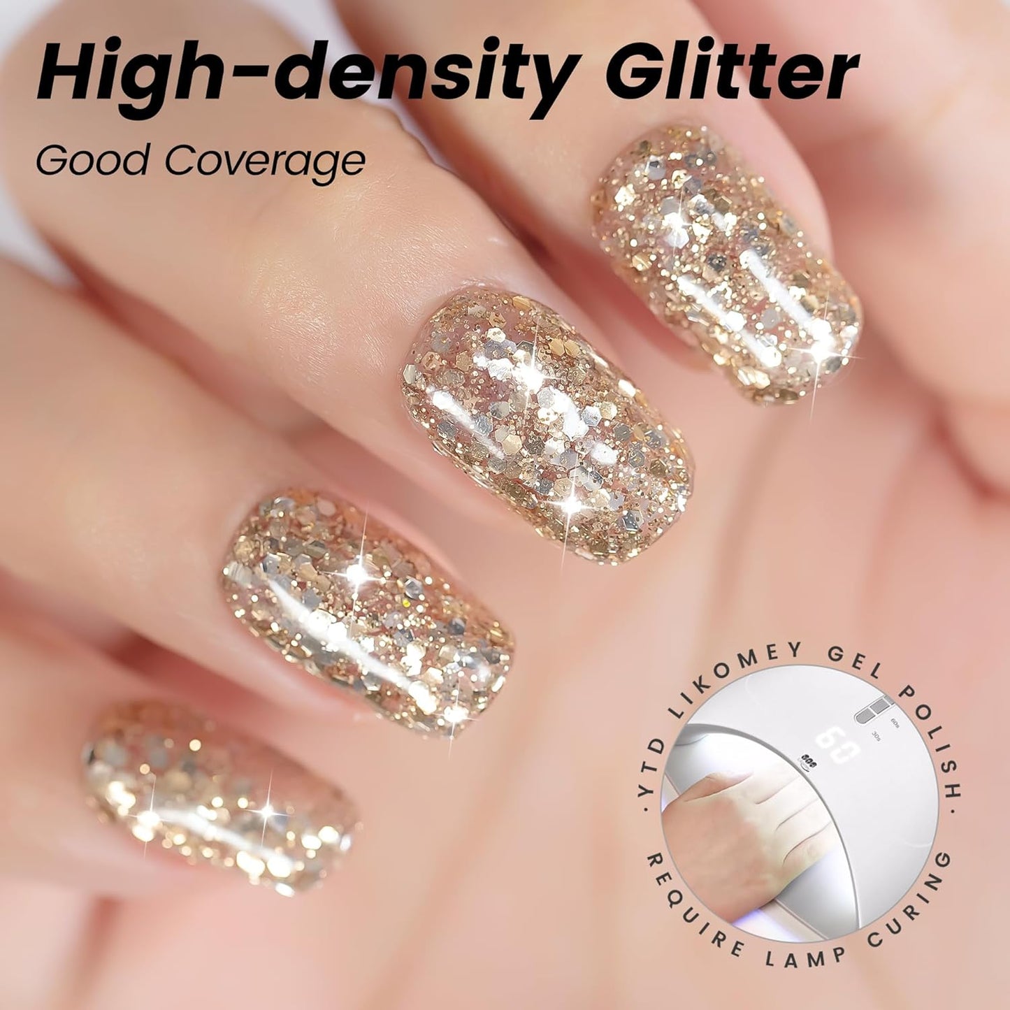 YTD Likomey Glitter Gel Nail Polish,15ml Champagne Gold Glitter Fall Winter Shiny Sparkly Salon Home DIY Manicure UV Color Varnish,SF399