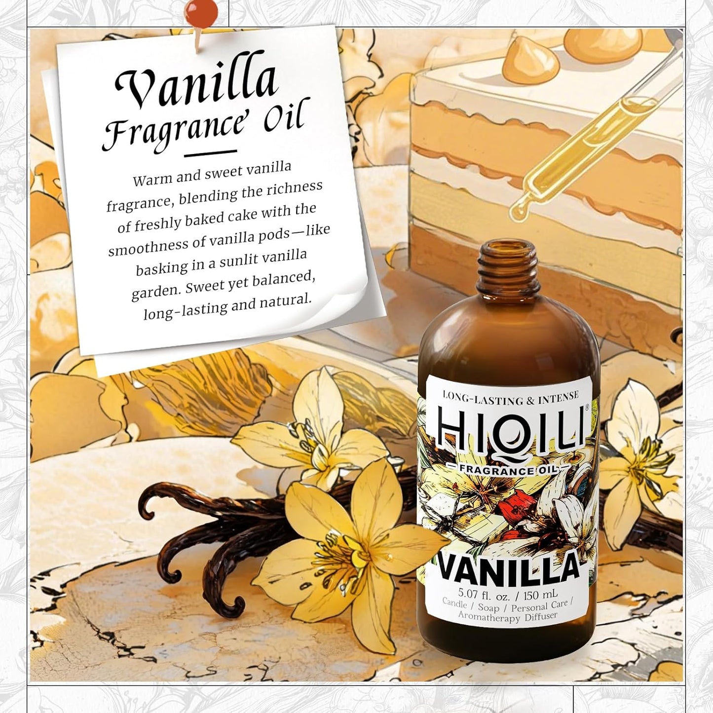 HIQILI Vanilla Fragrance Oil for Body Spray, Diffuser Use, Essential Oil for Candle, Soap, and Women Perfume Making - 5.07 Fl Oz