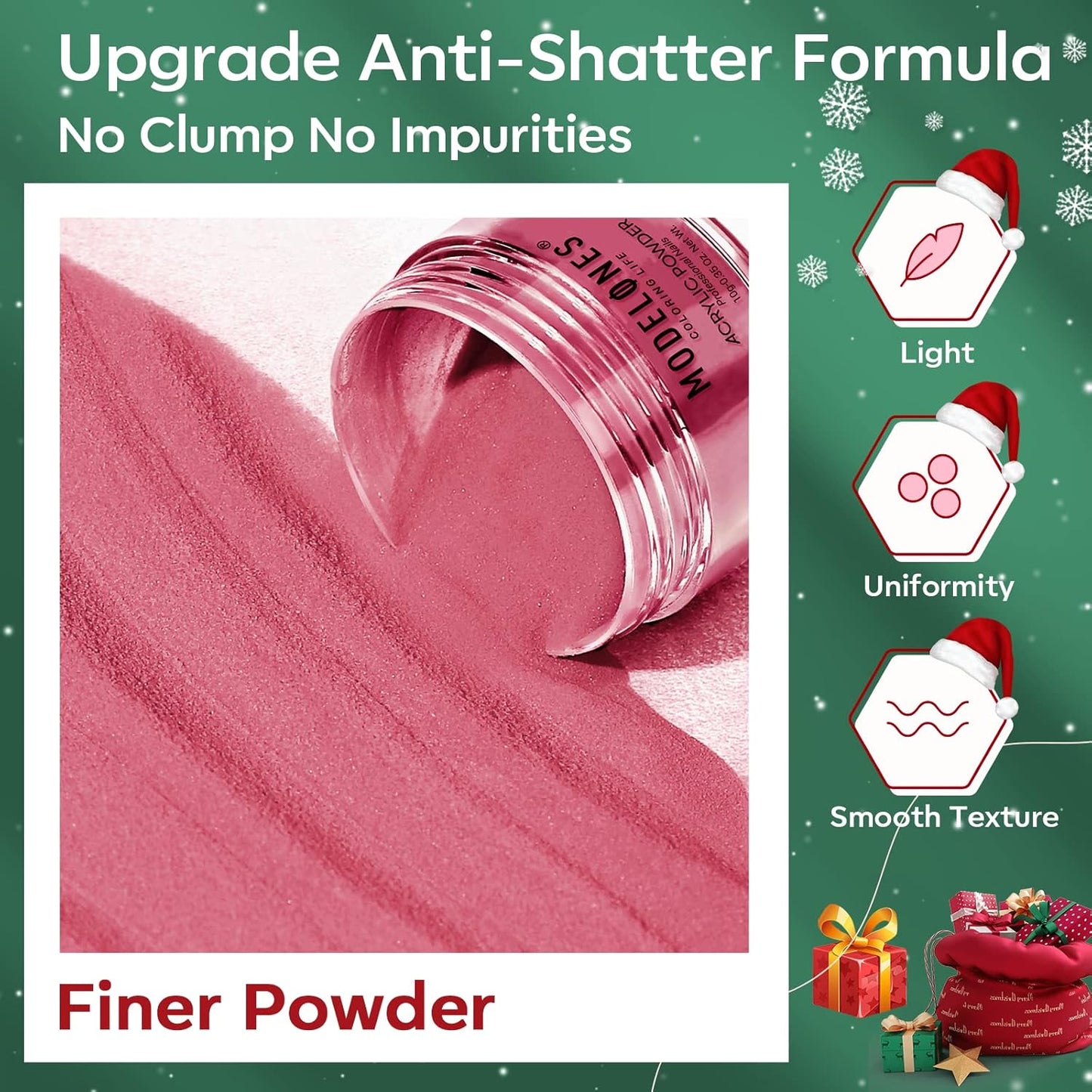 Modelones Christmas Colors Acrylic Powder Kit - 6 Colors Golden Glitter Yellow Green Dark Red Sliver Christmas Eve Cover Powder for Nail Art Extension - No Lamp Needed (C7-Lucky Clover)