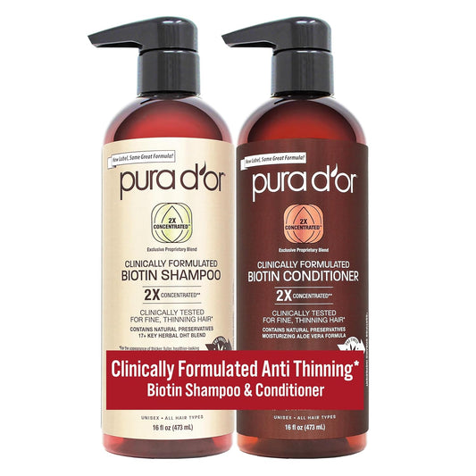 PURA D'OR Clinically Formulated Biotin Shampoo & Conditioner For Hair Thinning - 2X Concentrated Proprietary Herbal Blend Thickening Products For Women & Men, Sulfate Free, 16oz x2