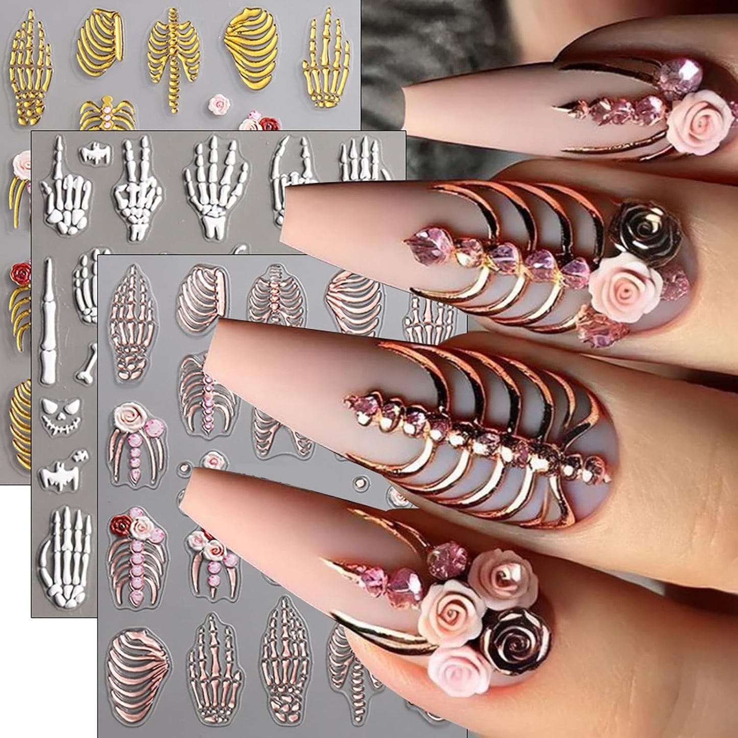 Halloween Nail Art Stickers Decals 5D Skeleton Hand Nail Decals 3PCS Embossed Self-Adhesive Spooky White Rose Gold Skull Design Gothic Holiday Nail Charms for Women DIY Manicure Accessories Supplies