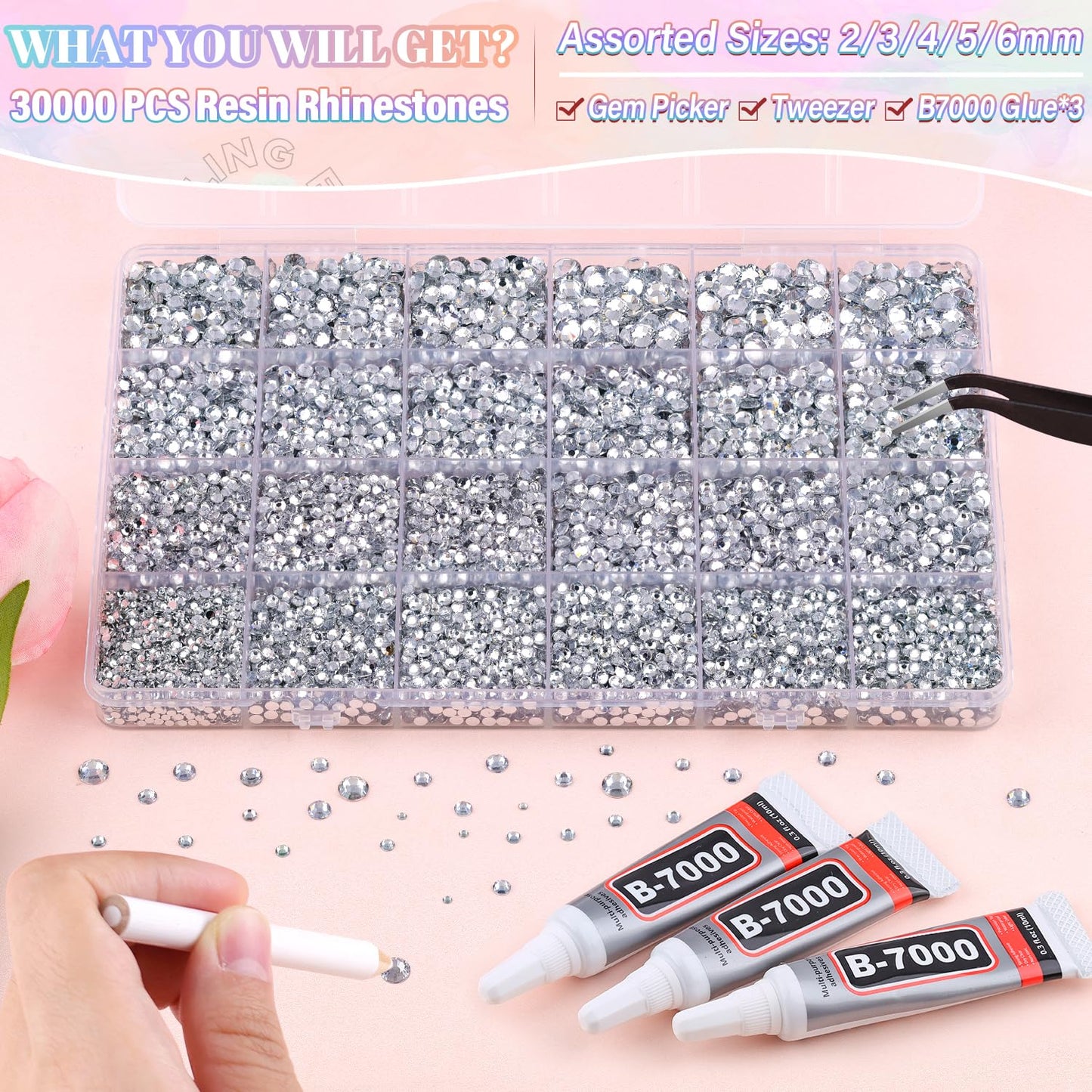 30000Pcs Resin Silver Clear Rhinestones for Bedazzling Crafting with b7000 Jewelry Glue, Bulk Flatback Gems Bedazzler Kit for Crafts Clothes Shoes Fabric Nail Diamond Art, Assorted Size 2/3/4/5/6mm